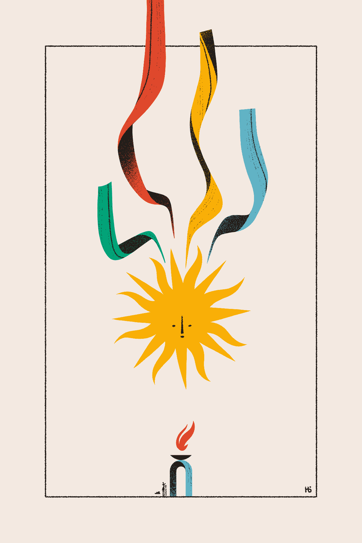 A large sun-like entity trailed by multi-colored ribbon-like wings descends toward a blue archway and offering bowl with a magician nearby.