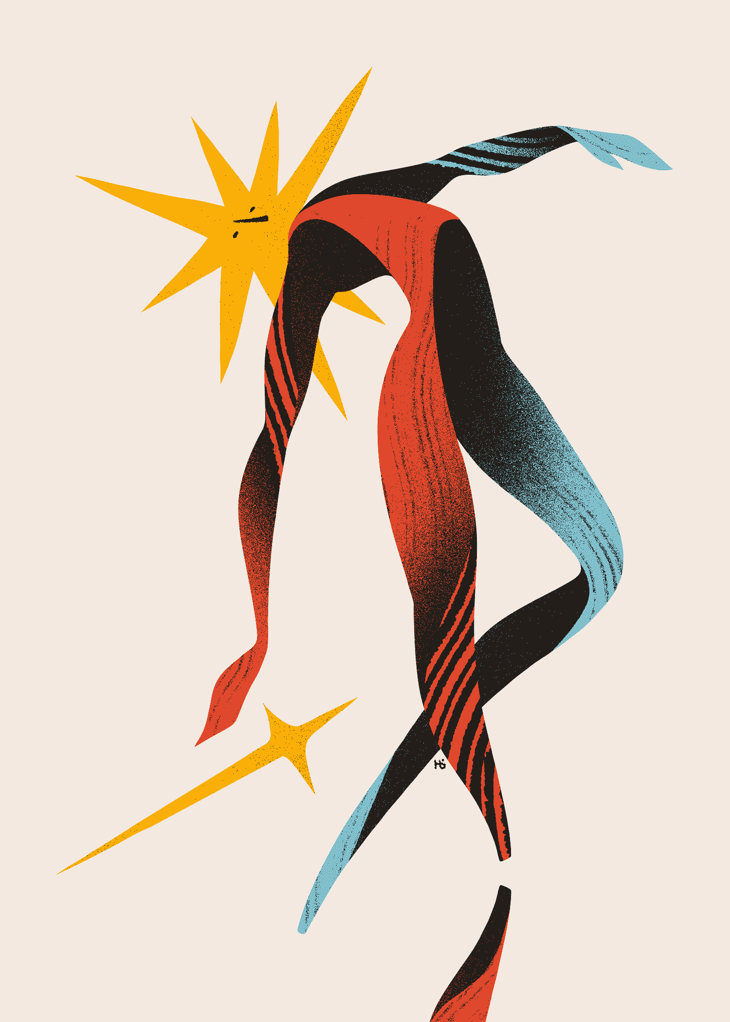 A red and blue, star-headed figure falls backward gracefully, dropping their sword.