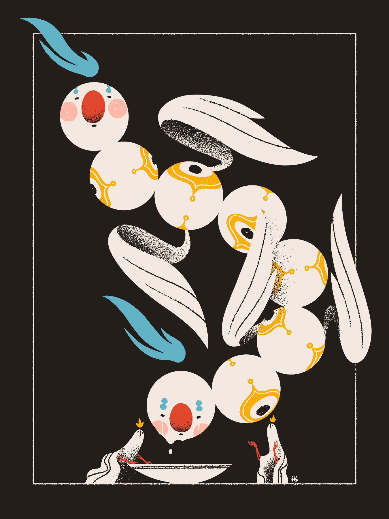Two saints gather the tears of a large, segmented, two-headed angel. Each head has a clownlike face, and each segment has eyes that gaze upon the saints.