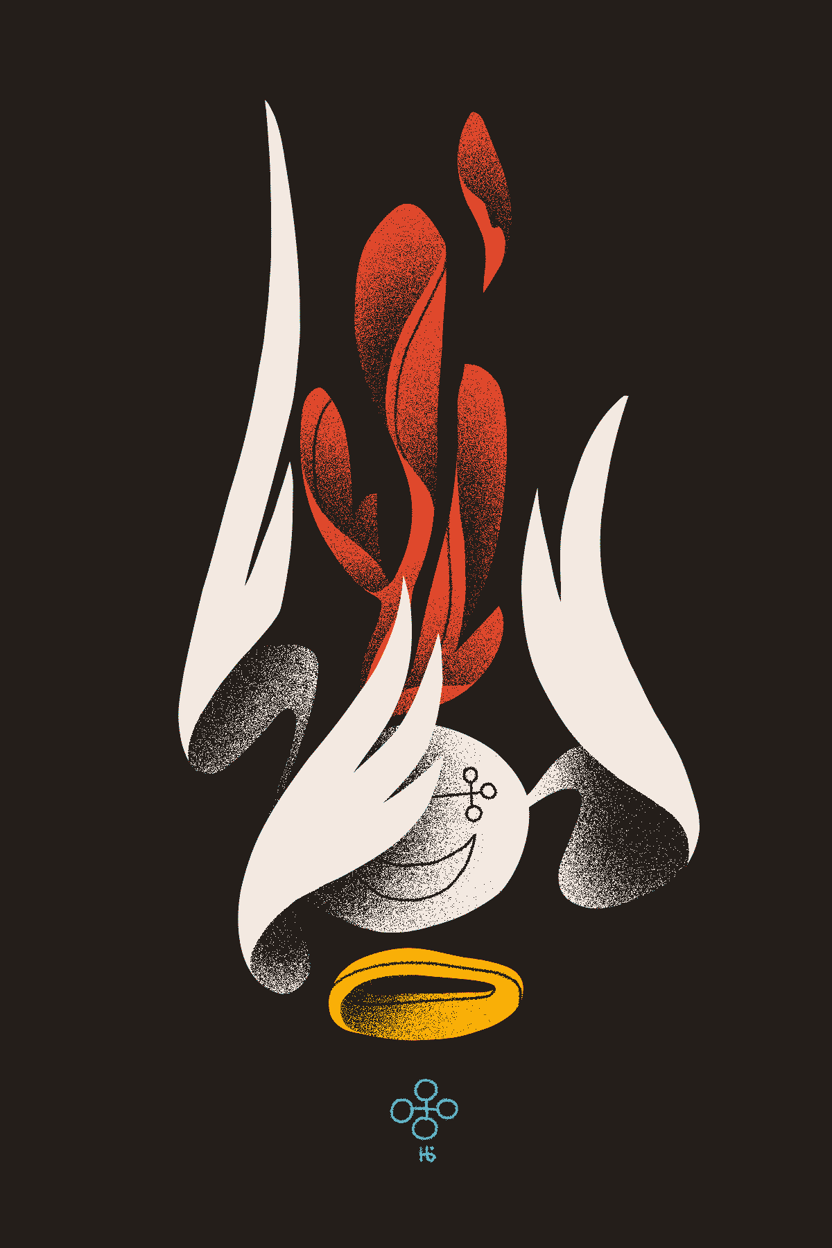 A abstracted flurry of wings and flame descends in the dark, chasing a halo. The sigils on the body appear to form a smiling face.