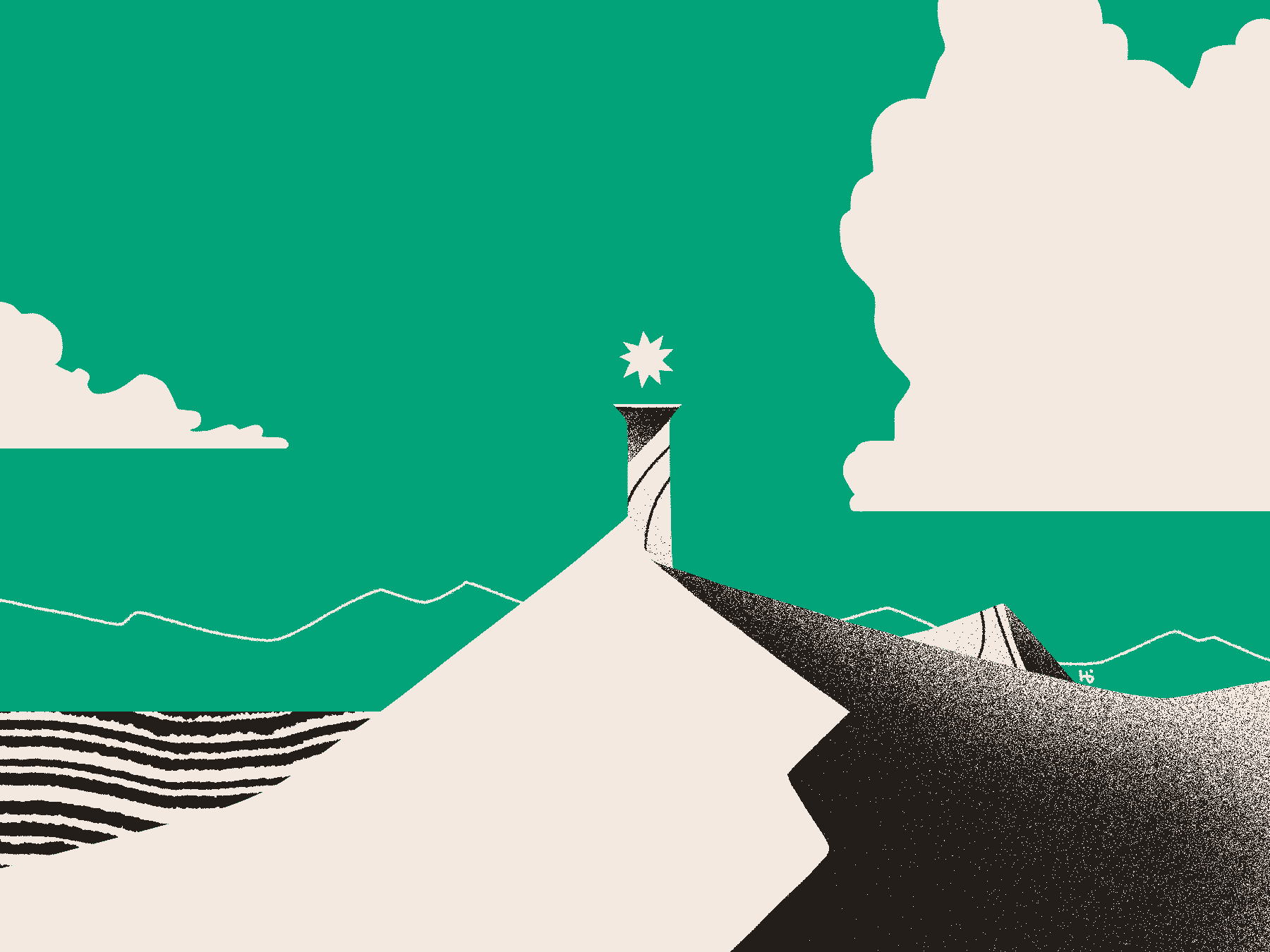 A small star-like shape hovers over ruins in the desert, underneath a green sky.