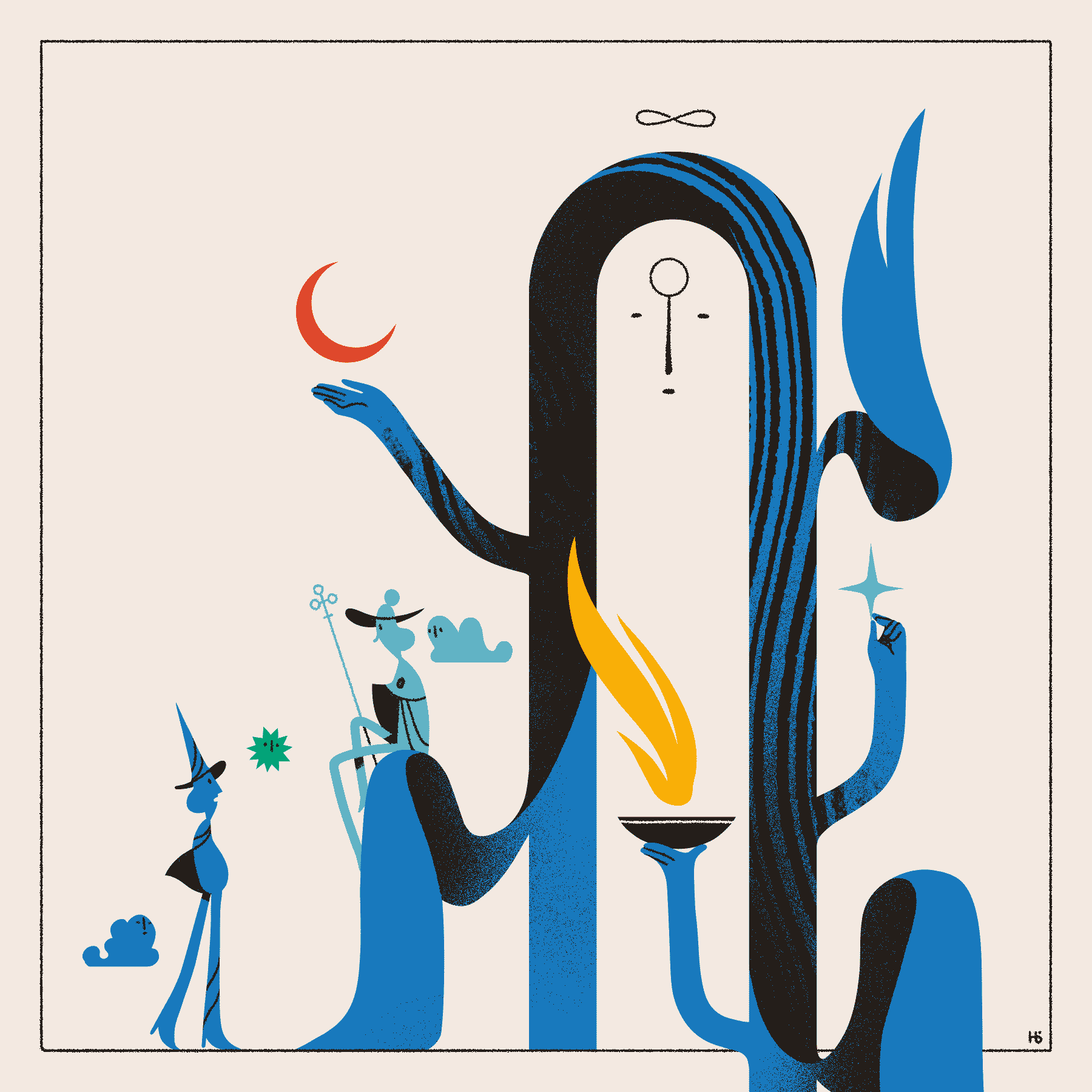 Two blue magicians converse over a small incursion while a large, blue, arch-like entity looks on. The entity is holding a red moon, a blue star, and an offering bowl with golden flames.