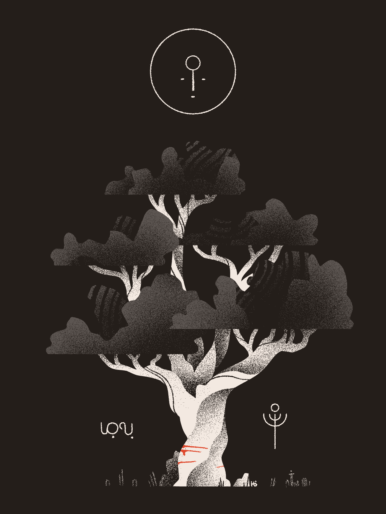 A black and white portrait of the tree Wormwood, surrounded by outlines of Mūn, the tree's name in Wormrōte, and the seal of the Holy City within. Several marks at the base of the tree bleed bright red.