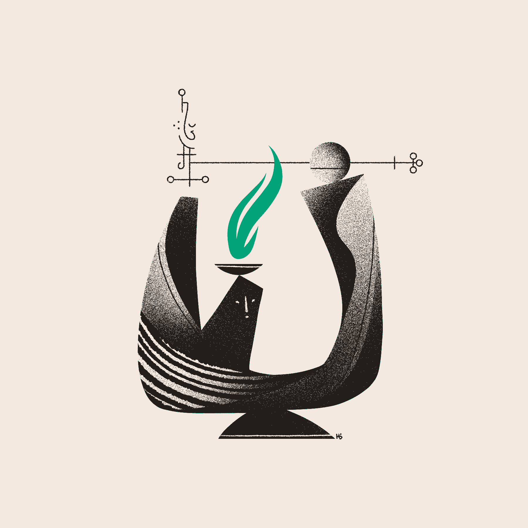 A three-branched vessel holds up a sigil, a transparent sphere, and an offering bowl lit with a green flame.