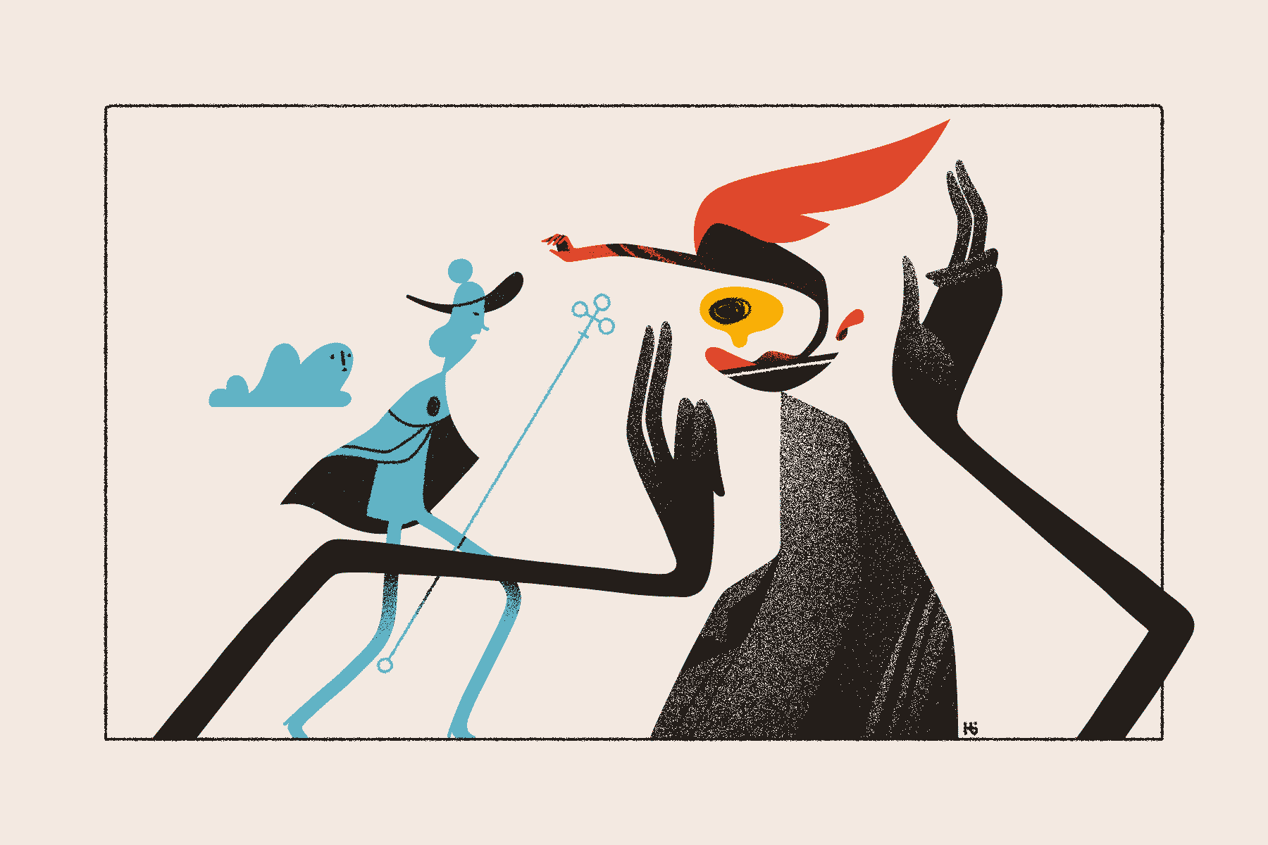 A blue magician controls two large, black hands that bind a red entity into an offering bowl on an altar.