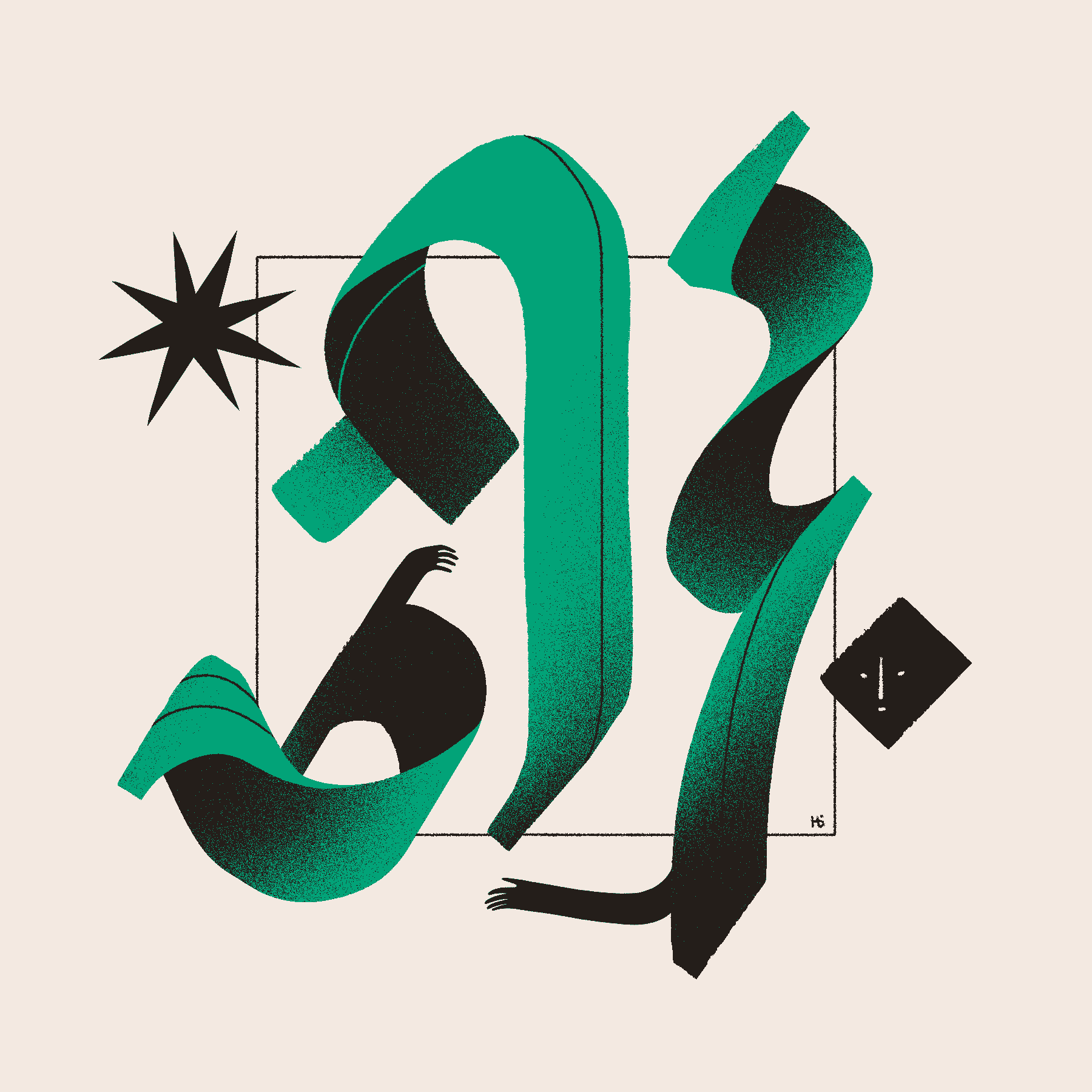 Several large, green glyphs in an unknown script. Two arms and a face can be seen within and emerging from them.