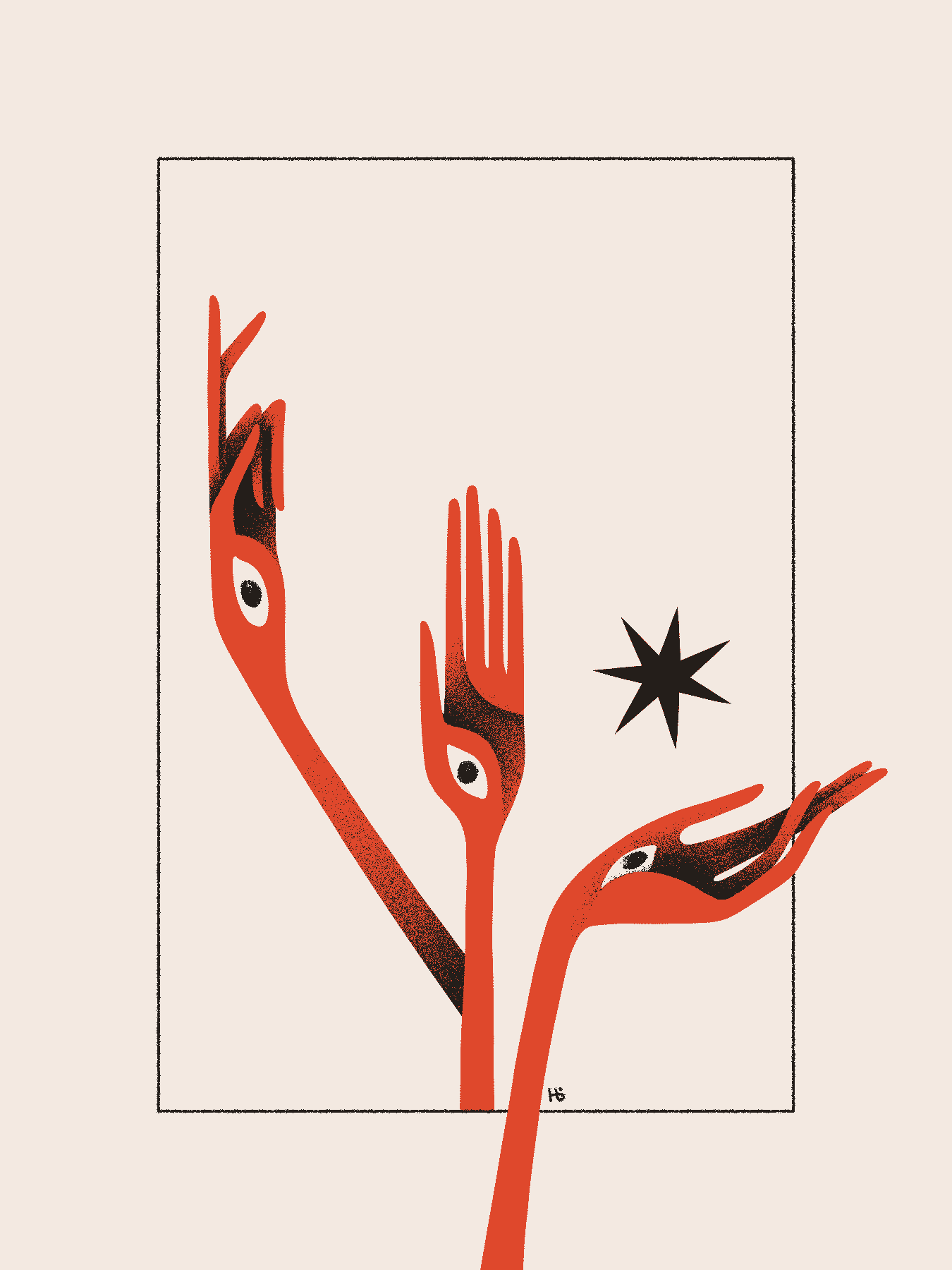 Three red hands with eyes in the palms reach upward in several poses. The rightmost hand cradles a black star.