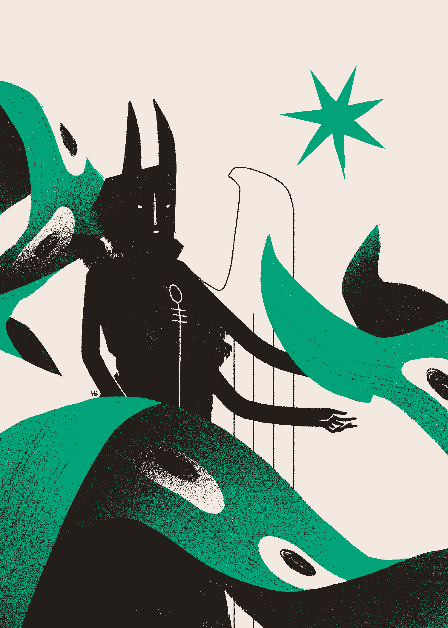 A dark, horned, one-winged figure gestures toward a large, green, ribbon-like entity covered in eyes and wrapped around them.
