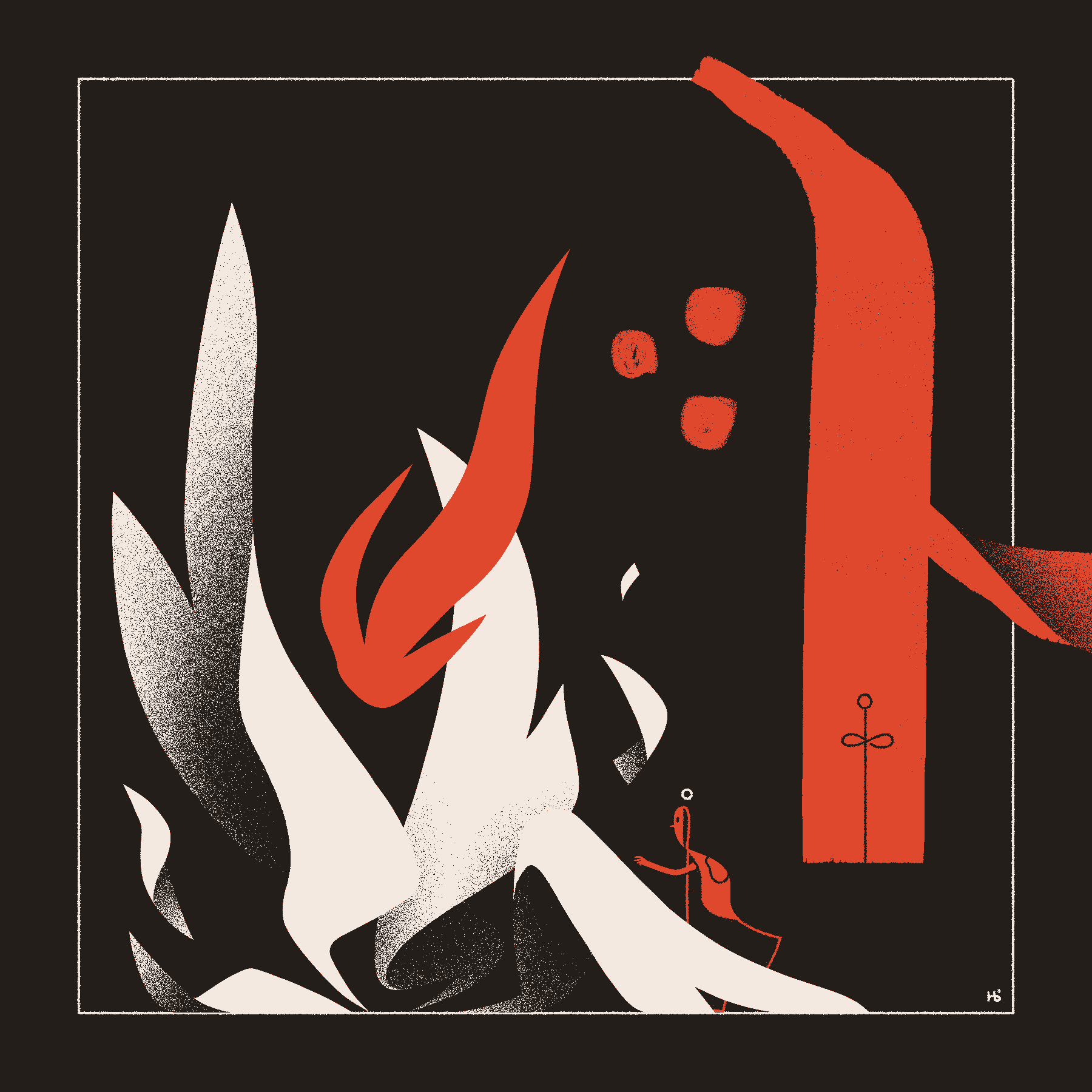 A red knight reaches out to a flurry of angel wings that appear to be falling apart. A large red glyph looms in the background.