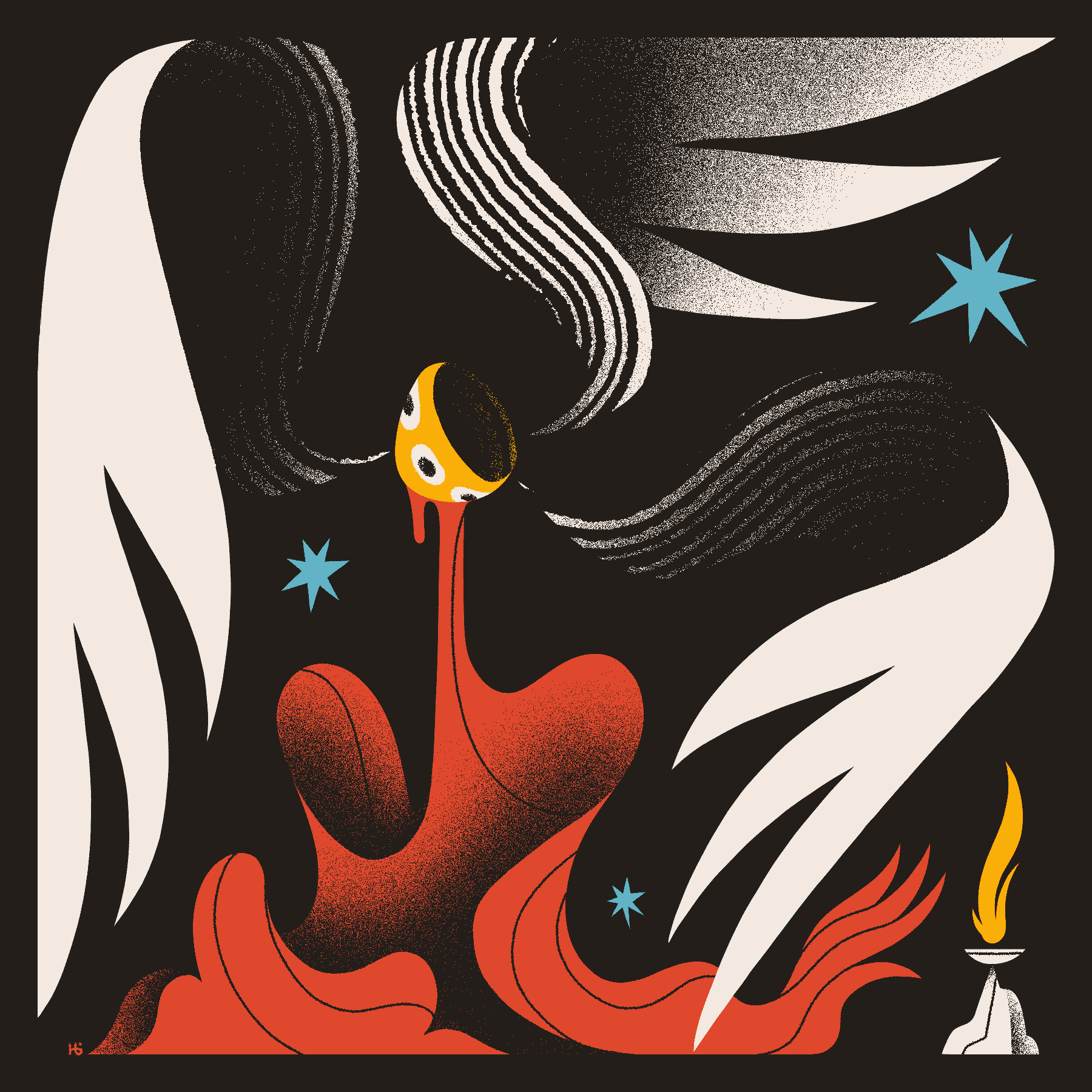 A three-winged angel fills the frame, centered on a small ring with eyes, and splashing a red liquid body below. The body forms a hand and reaches for a small altar with a flame above it in the bottom right.