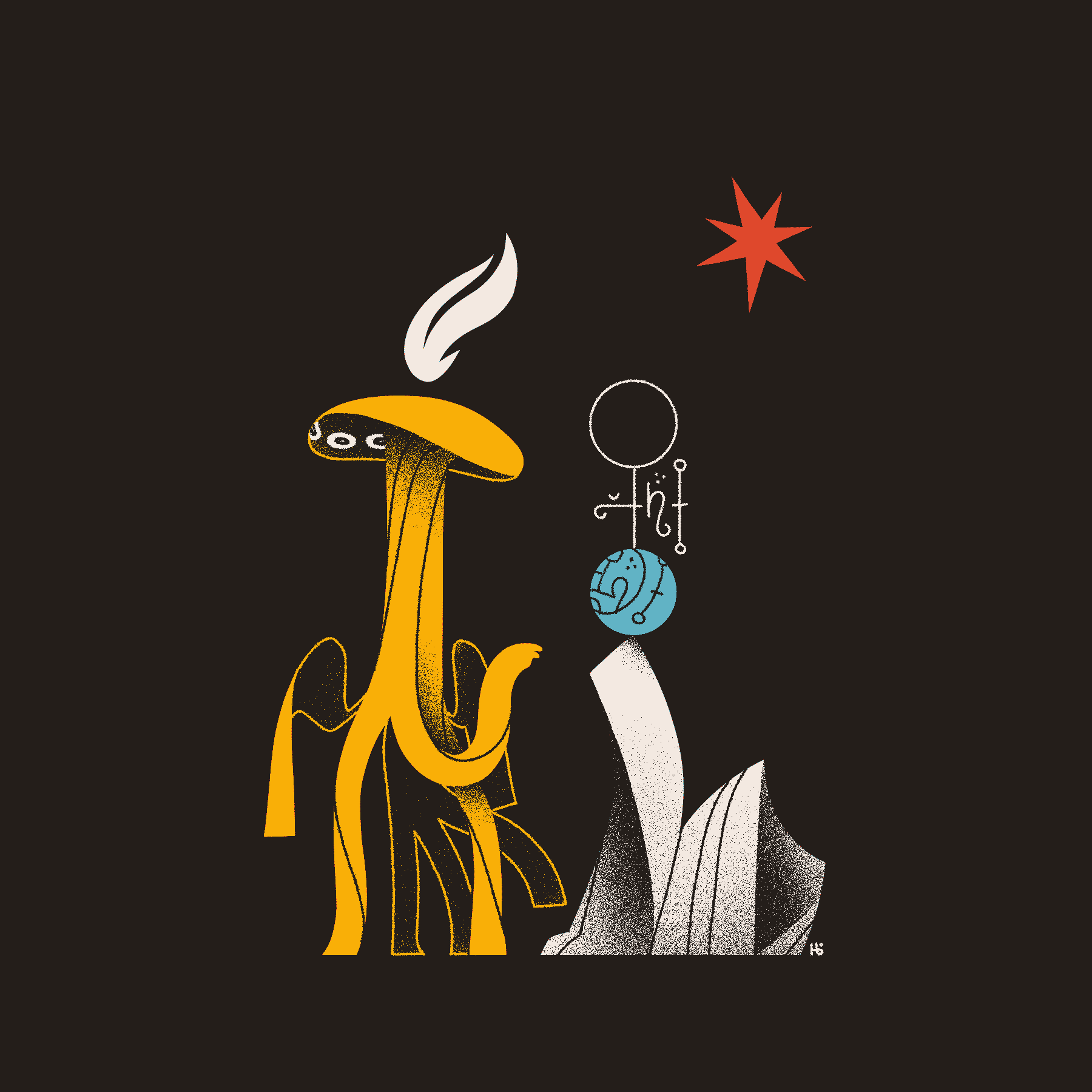 A yellow, mushroom-like entity reaches towards an altar with a blue orb atop. The orb is lined with sigils, and similar sigils float above as a red star shines in the background.