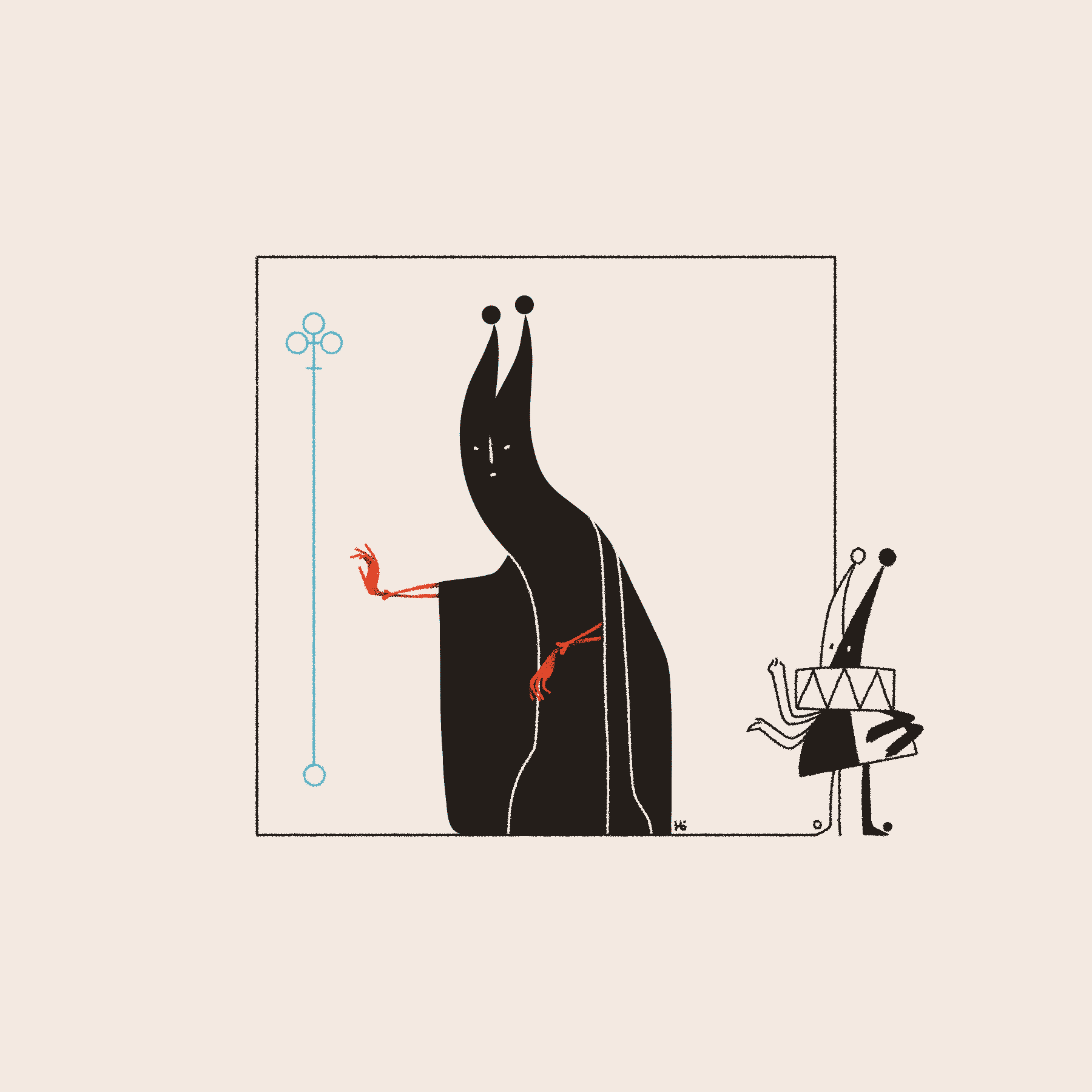 The Hierophant reaches for a blue sigil in the shape of Āyen's staff while a small clown-like entity looks on.