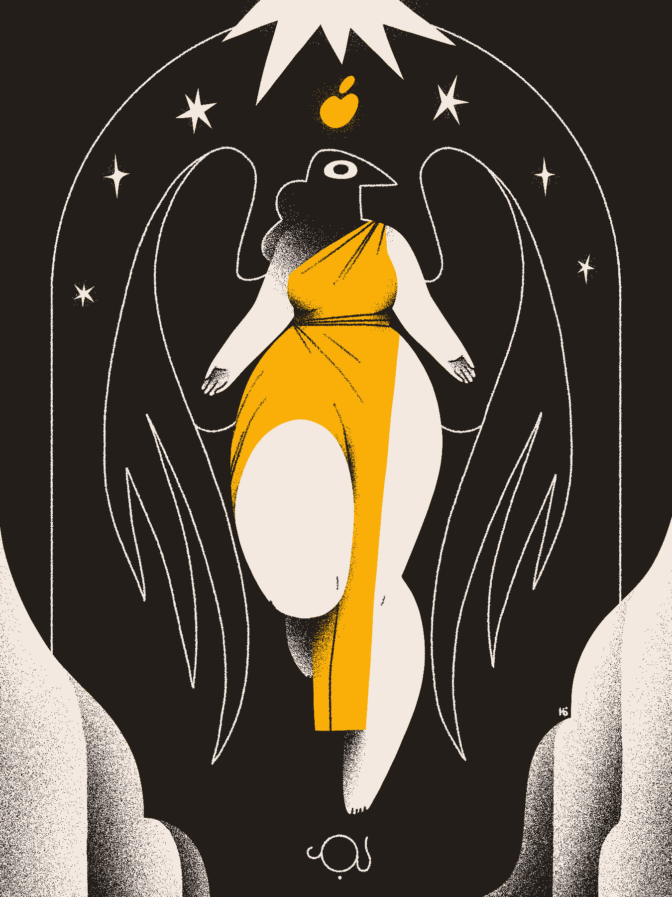A portrait of the goddess Eris. She has a bird's head, large black wings, and a golden dress. Her palms face upward, and above her head is a golden apple. Underneath her is her name in Wormrōte, and she is surrounded by stars, an arch-like frame, and landscape.