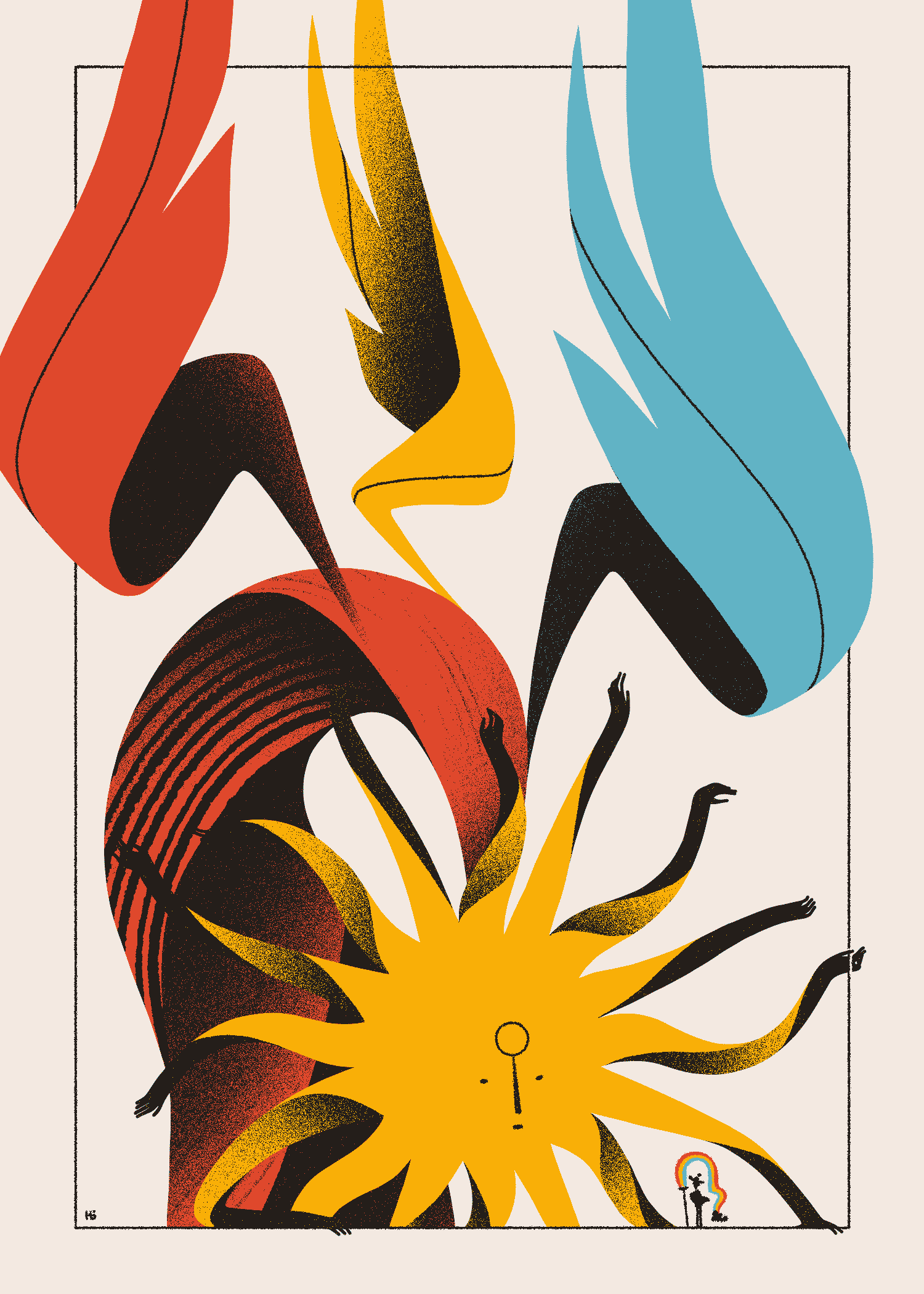 Ūn - a massive, sun-headed trickster god whose rays are arms outstretched, leans down below their three primary-colored wings to view Āyen closer. Āyen has surrounded themselves with a rainbow for protection.