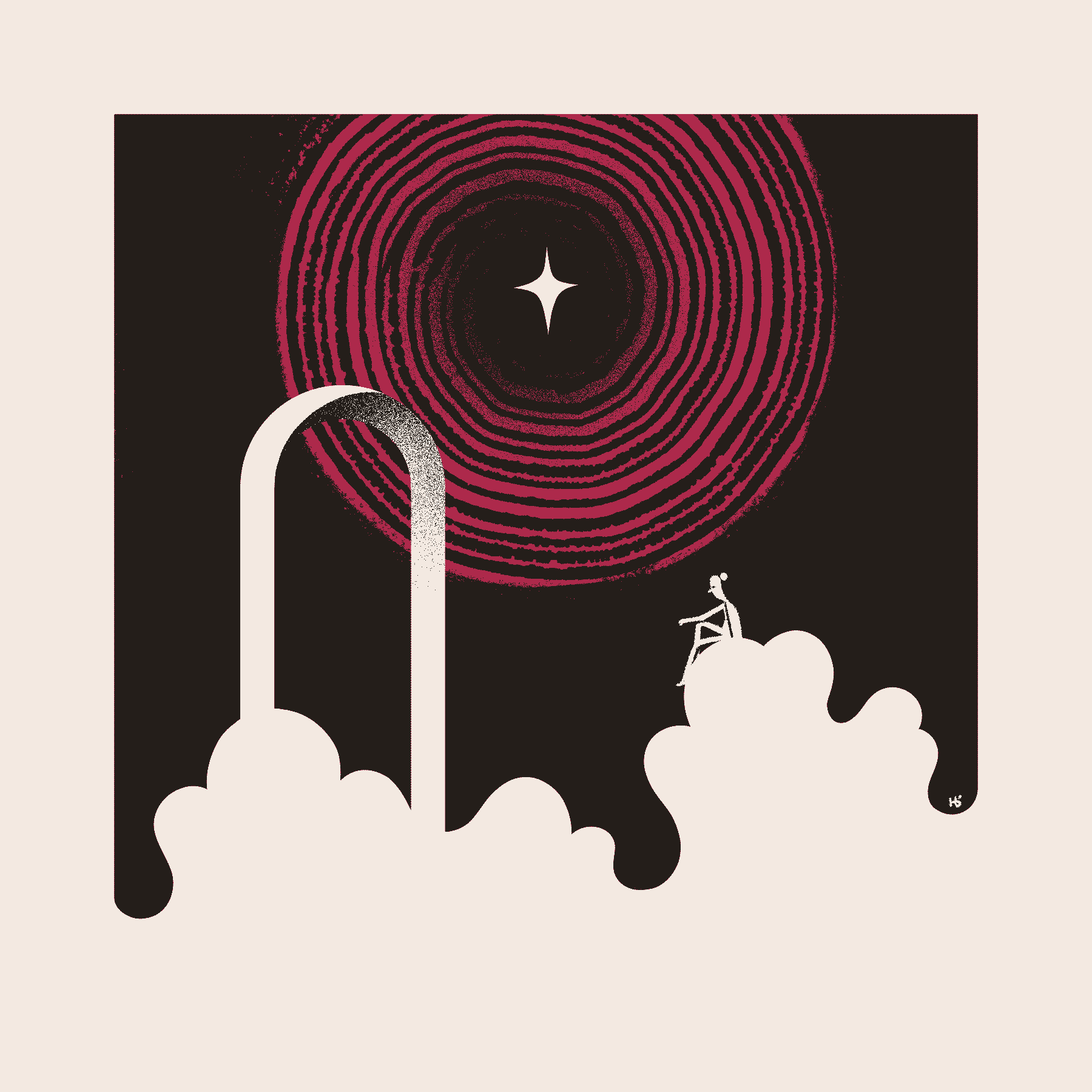 A figure sits pensively on clouds near a white archway while a star radiates violet rings far away.