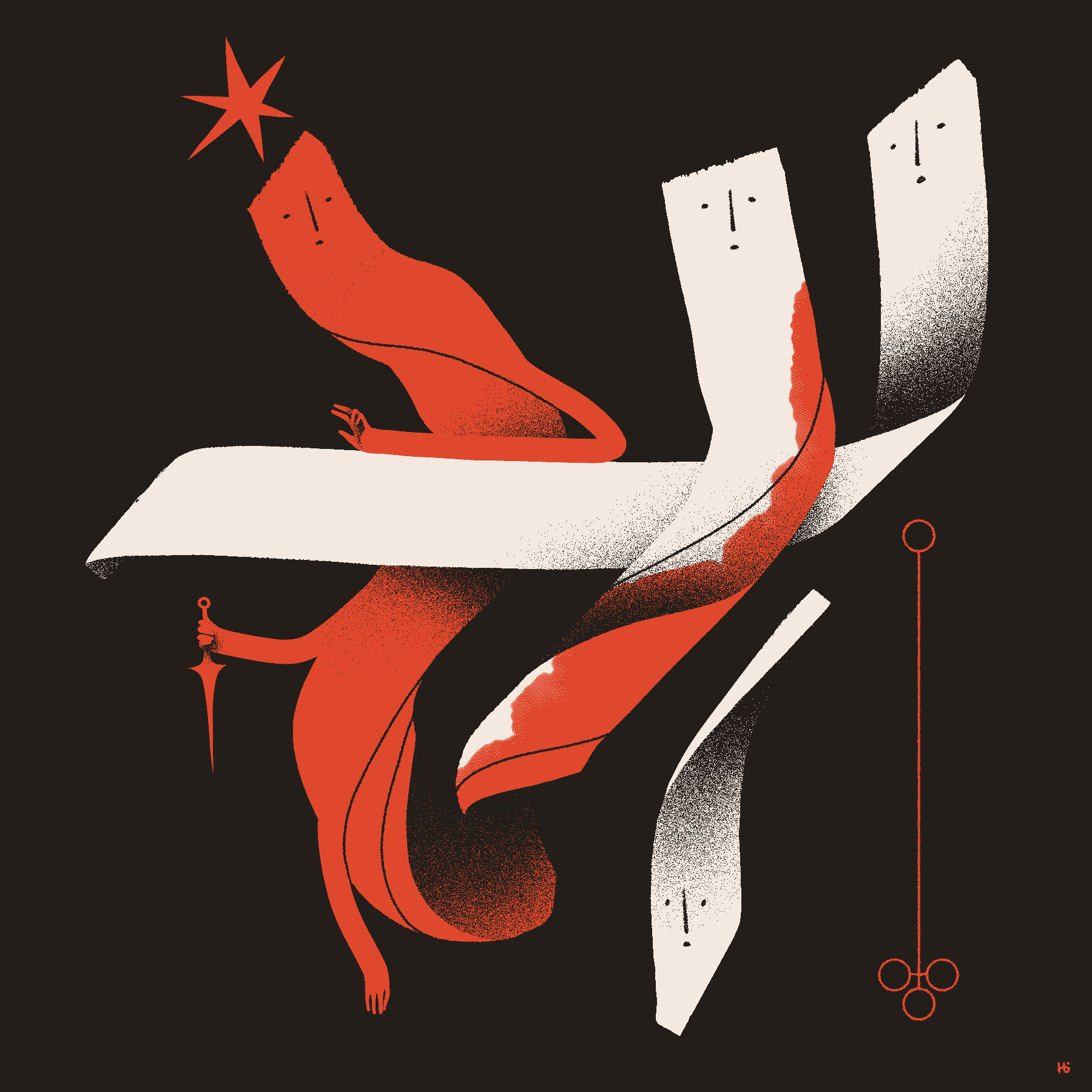 Four ribbon-like figures are intertwined. A leftmost red one holds a knife in one of three arms, while the center figure appears to be soaking up the red color. Two white ones look on.