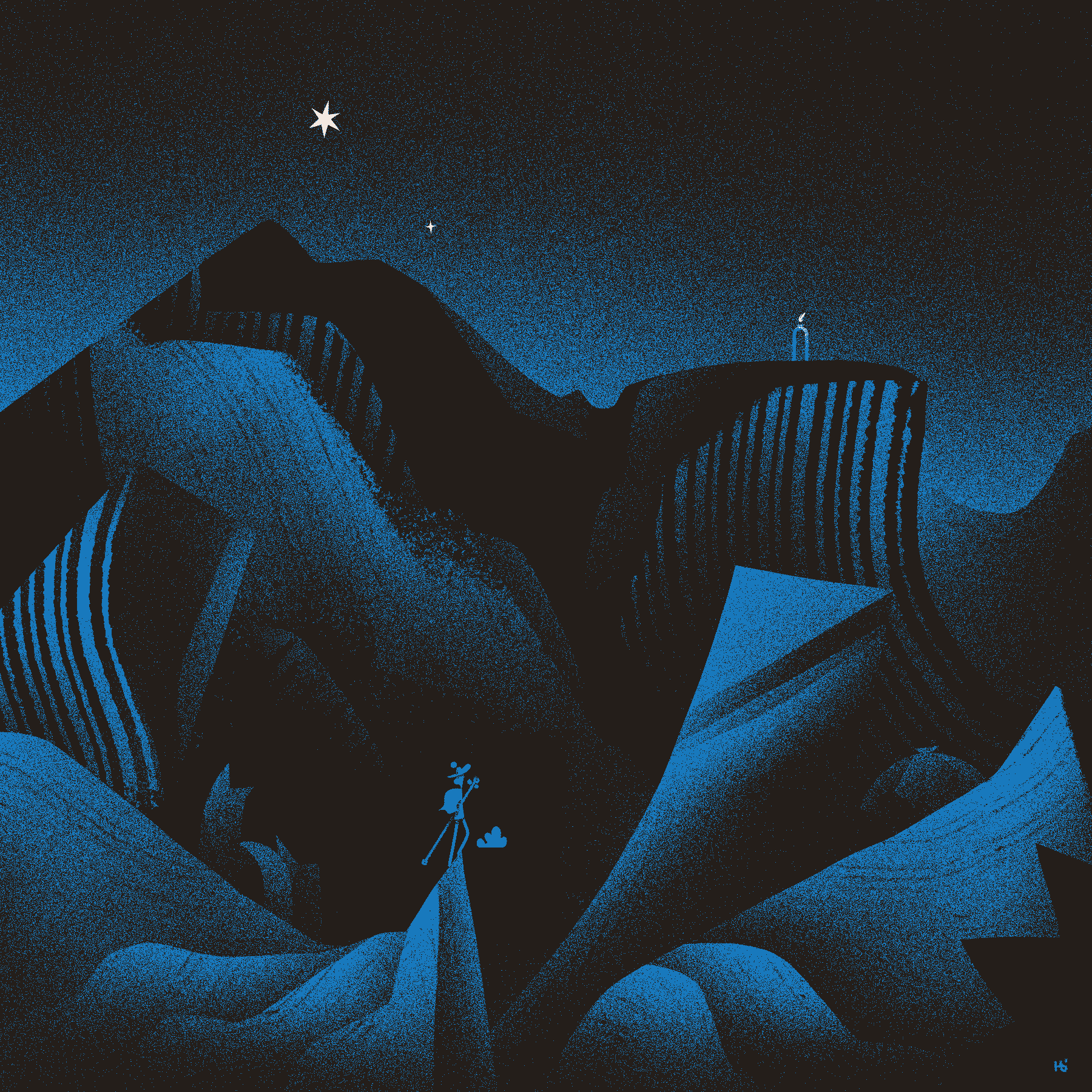 A magician looks out at steep, mountainous terrain rendered in black and dark blue. It's littered with ruins, and far away the viewer can see two stars and an illuminated archway.