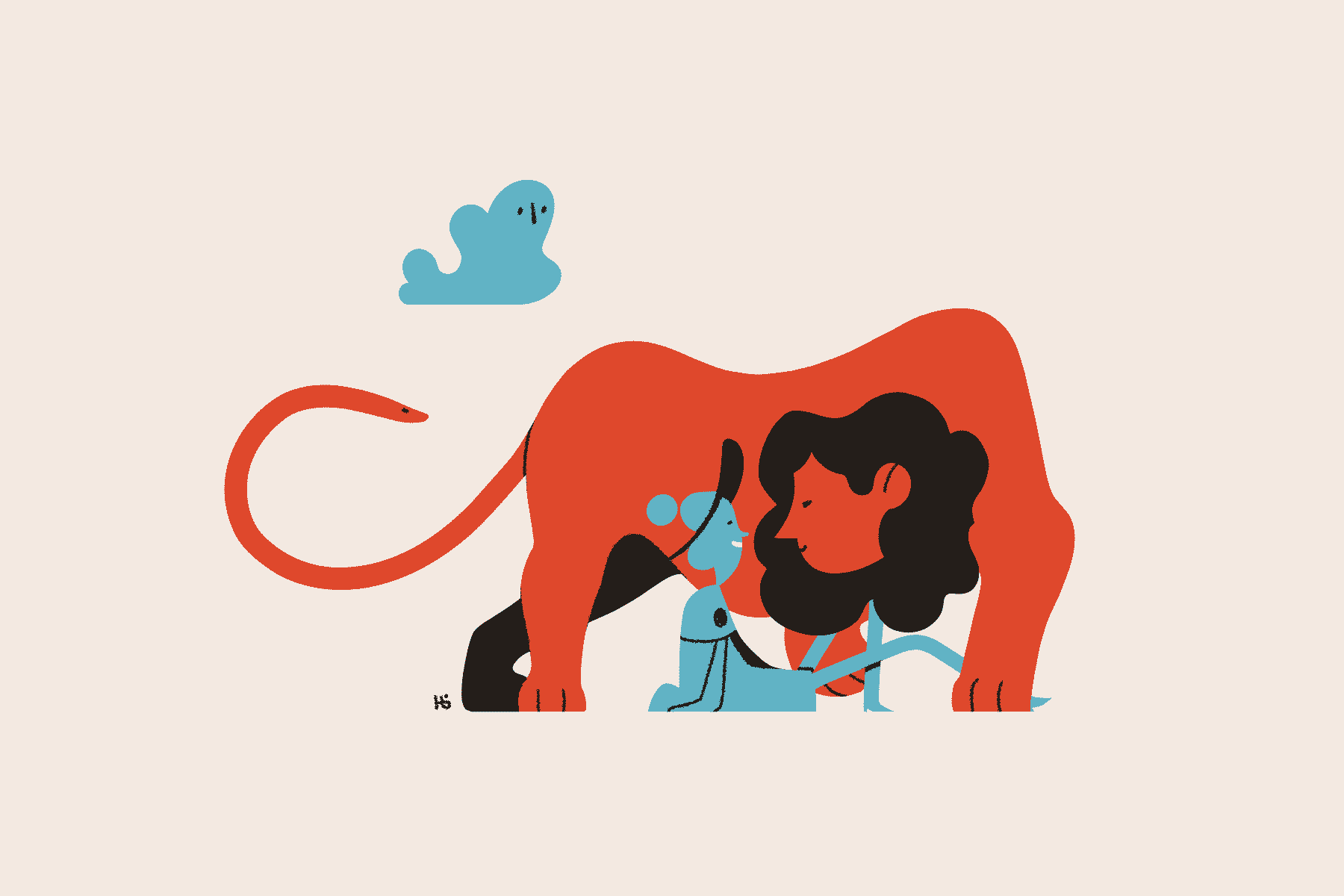 A red sphinx playfully surrounds and glares at a blue magician who is nervously smiling while sitting on the ground.