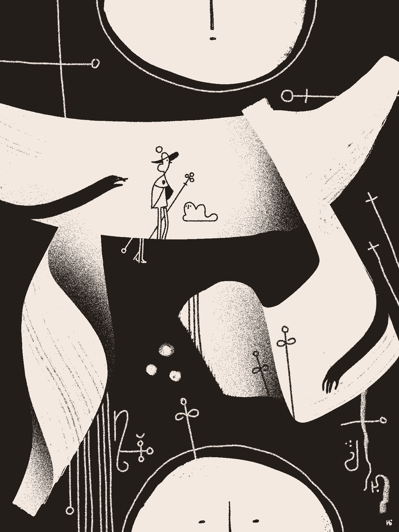 A magician and their familiar navigate a confusing, black and white jumble of ribbon-like shapes, sigils, and a split face. Shadowy hands can be seen reaching from the dark, one toward the magician.