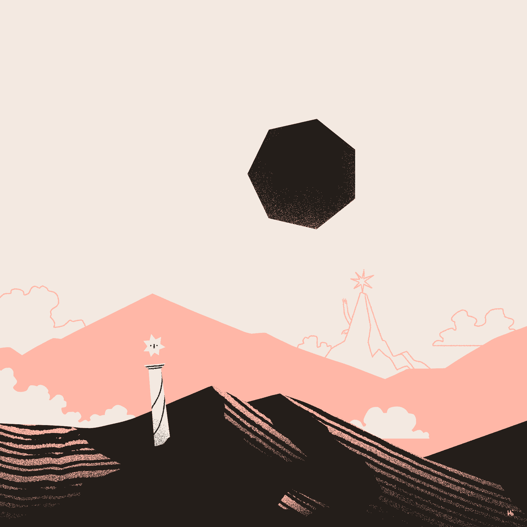 A tilted column stands alone on a rocky pink landscape, with a small star-like entity hovering above. A massive mountain-like being can be seen in the background, underneath an even larger black heptagon in the sky.