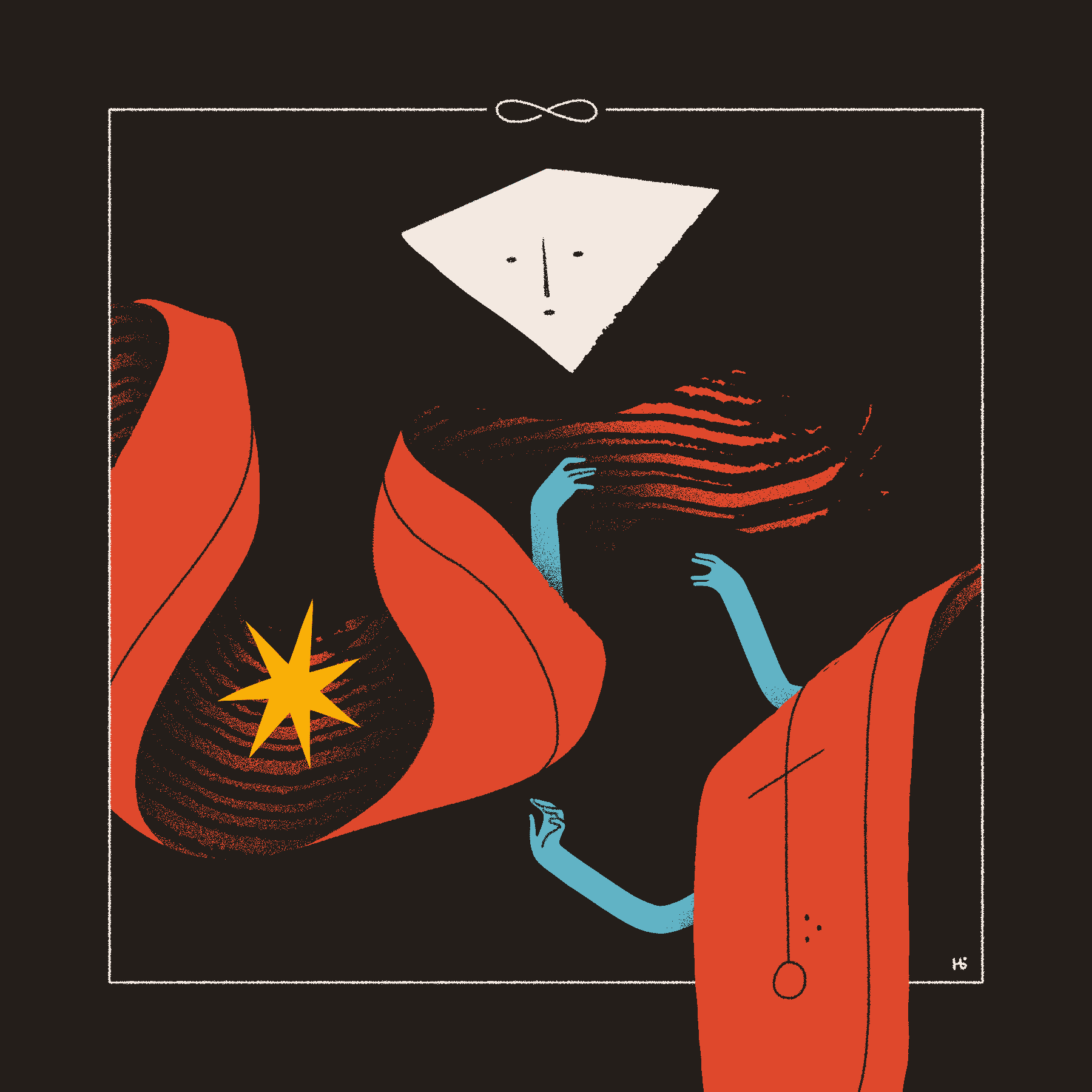 AA red, ribbonlike entity with a diamond-like head and three blue arms looks downward toward a yellow star. Above their head is an infinity sign, and the ribbon of their body carries a sigil.