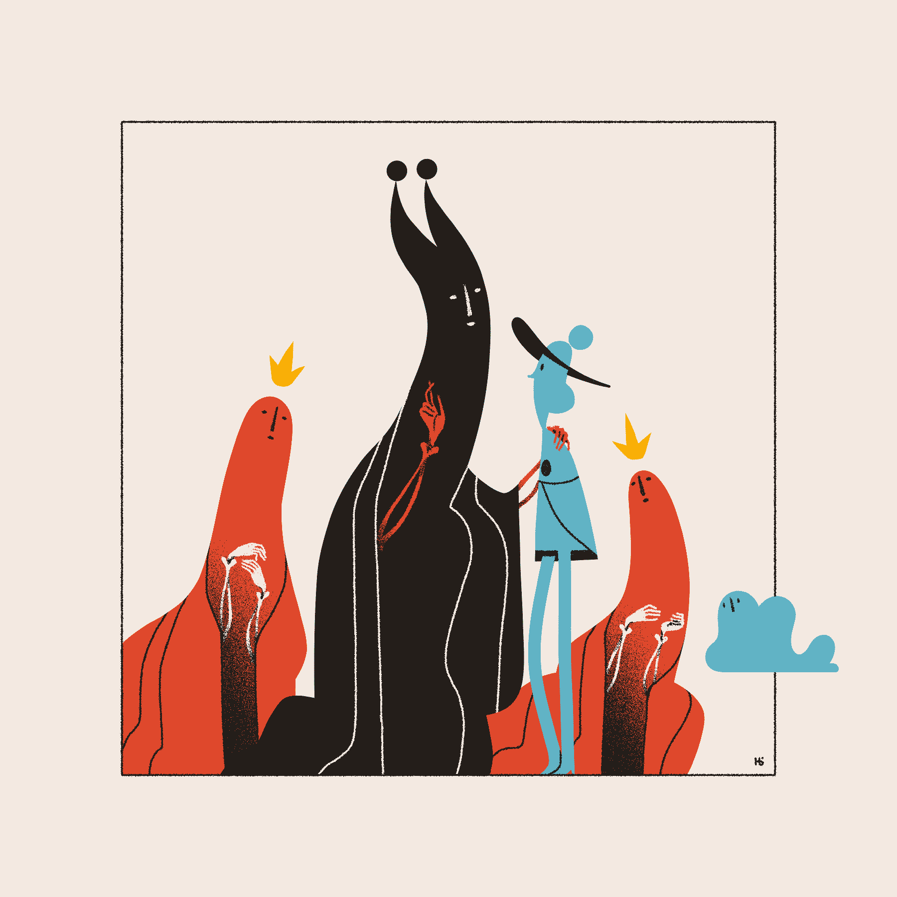 The Hierophant, clad in black, greets the blue magician with one red skeletal arm over their shoulder. They are flanked by two saints in red, each with a golden crown. The magician's familiar trails behind.