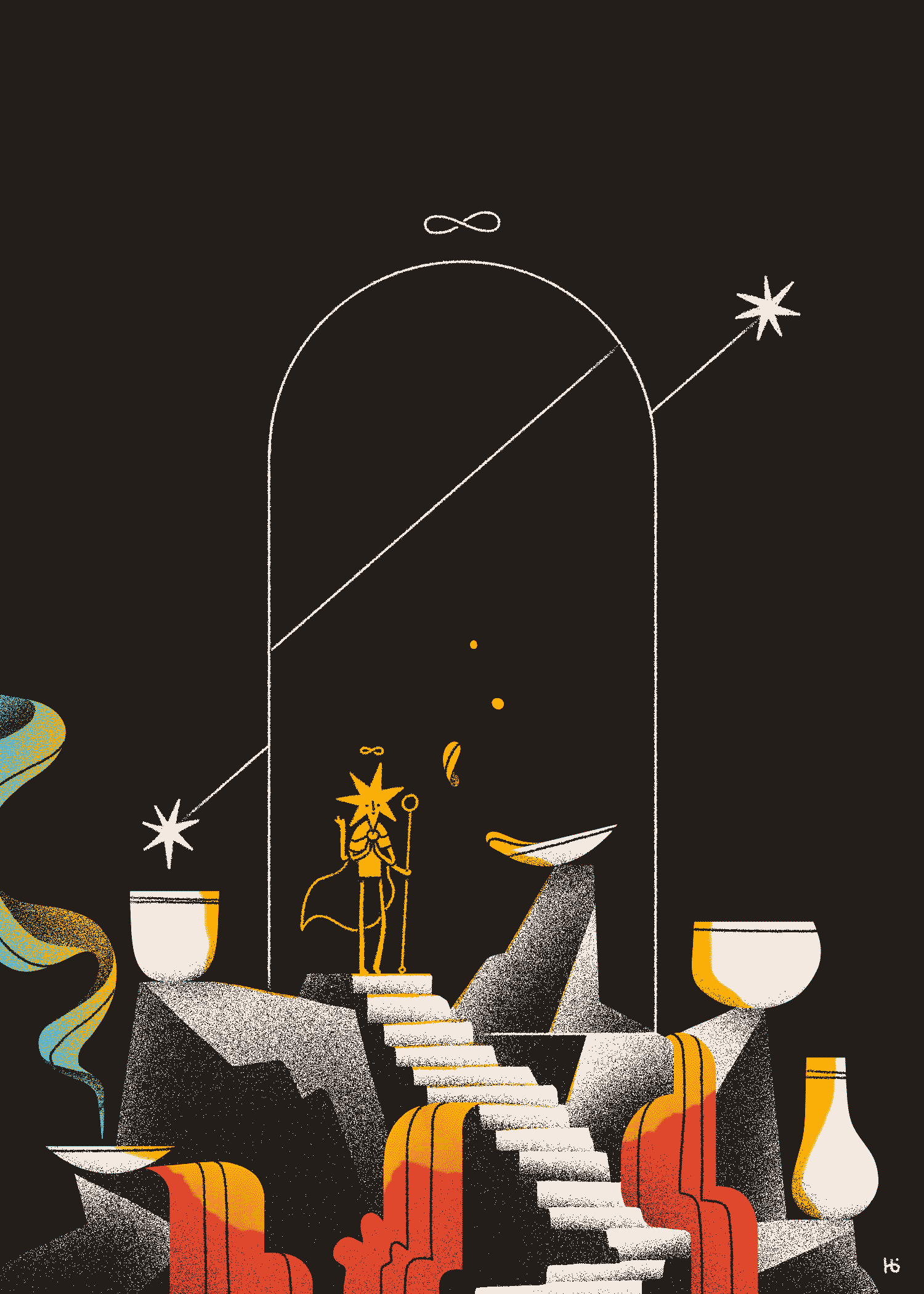 The cleric Ikurē, a star-headed, beatific figure, descends a staircase from a sigil-like portal. Their golden light illuminates pottery and waterfalls.