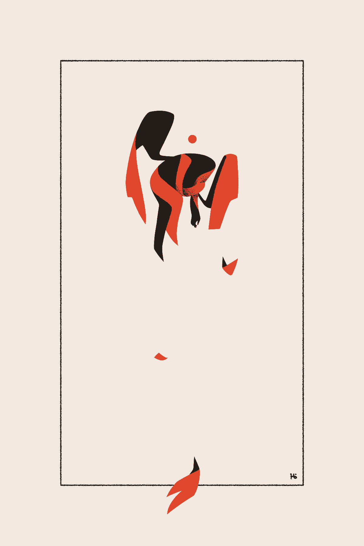 A red, Icarus-like figure holds themselves as their wings collapse and fall along the length of the composition.