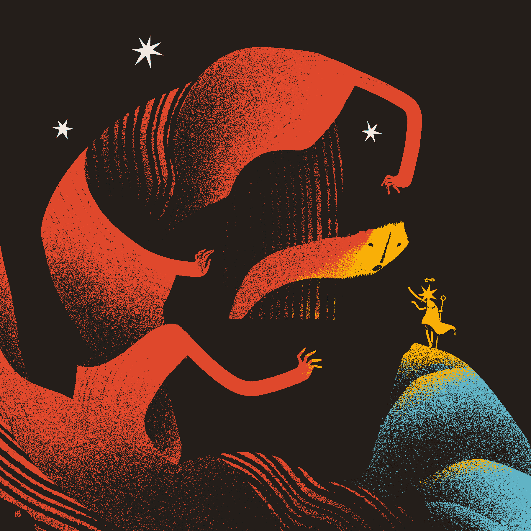 A massive, red, multi-limbed entity looms over a yellow, star-headed cleric with an infinity sigil over their head. The cleric reaches upward, casting their golden light onto the entity and onto the blue land below.