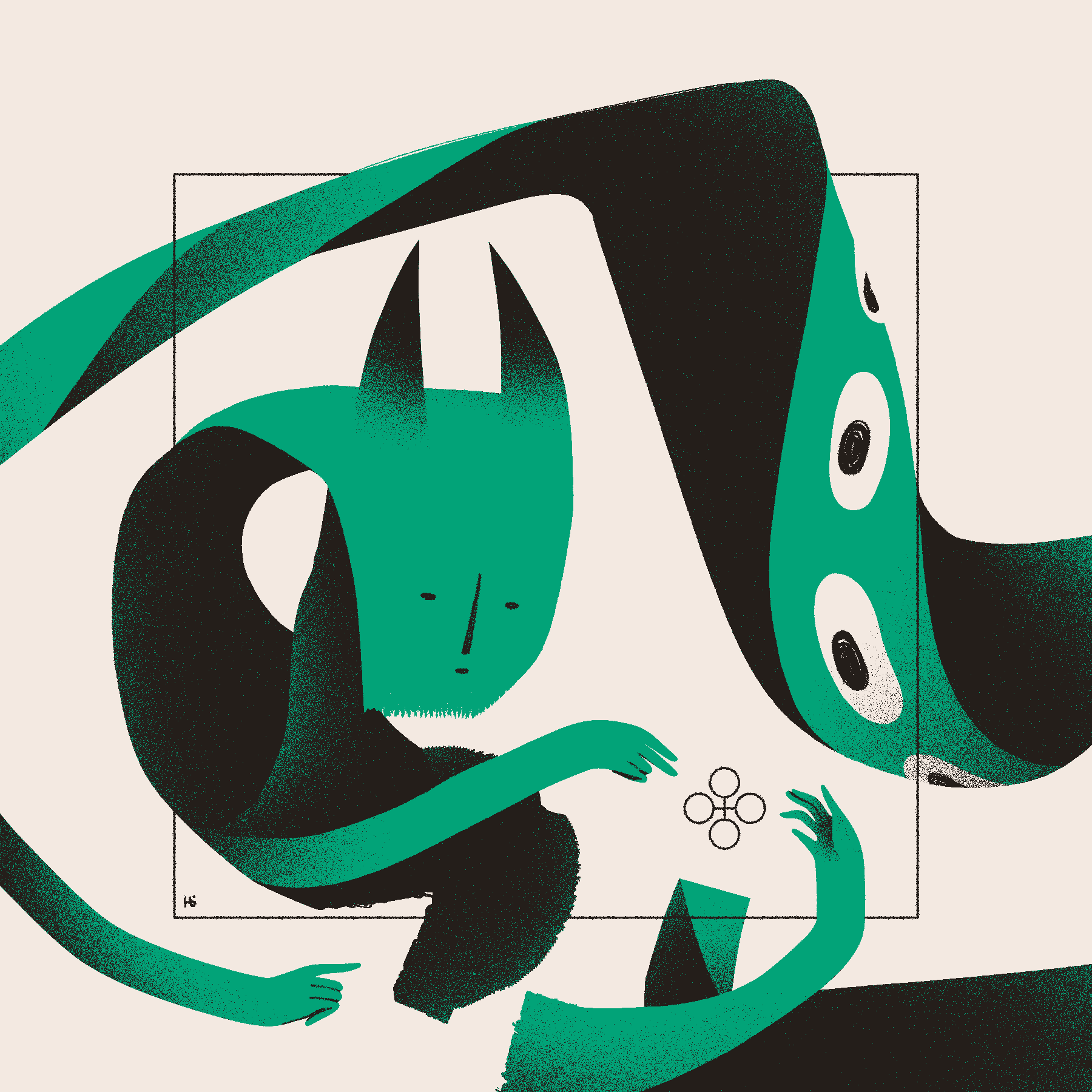 A green, horned, ribbon-like entity reaches with three arms towards a cross sigil with circles at each end. Another entity nearby with a string of eyes watches.