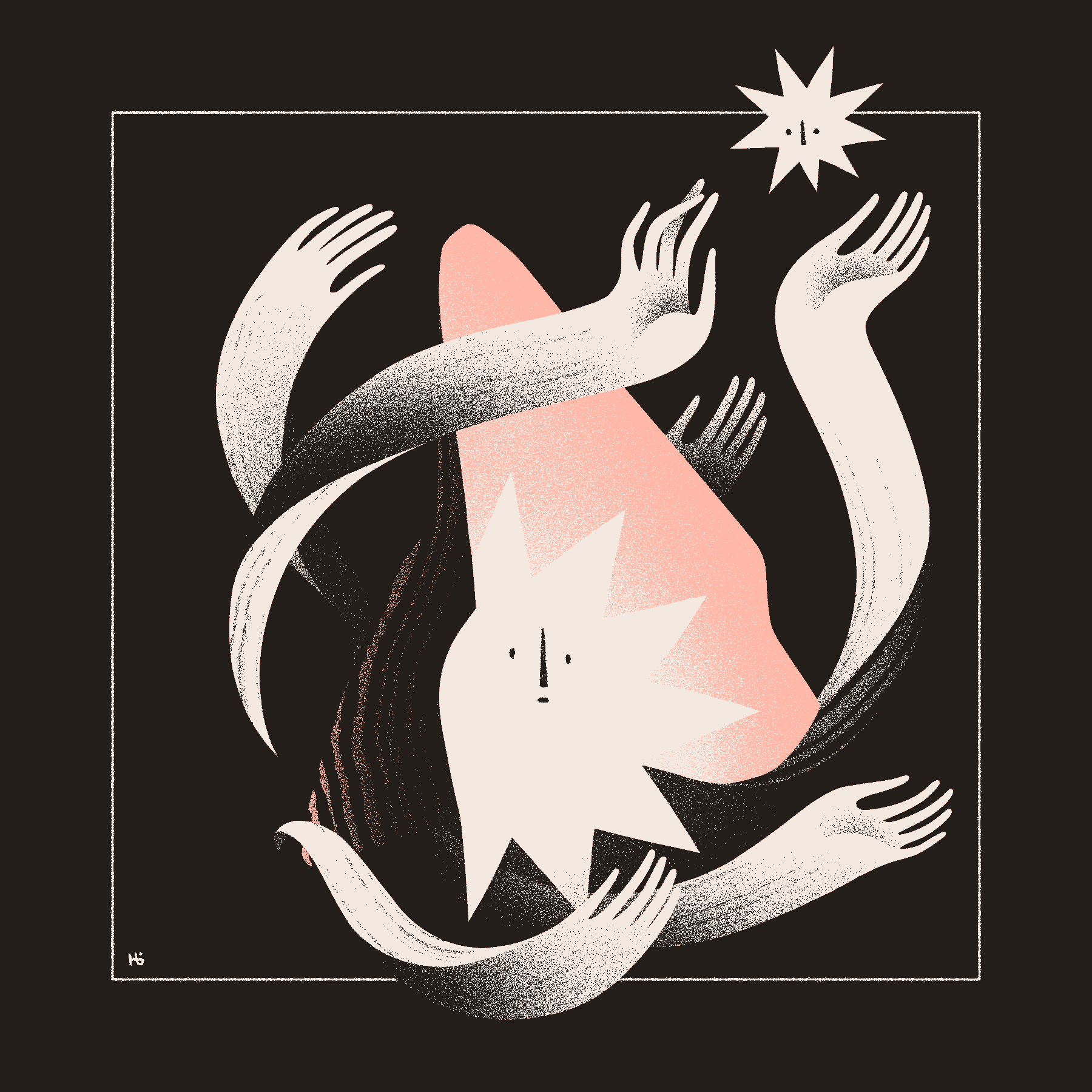 A star-like entity peeking from inside a shell-like shape reaches gently upward with six arms towards another, smaller, star-like entity.