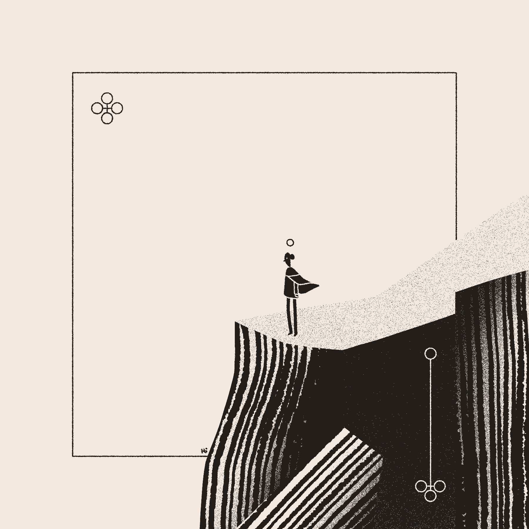 A mysterious figure looks out over a cliffside. The frame is decorated with two cross-like sigils.