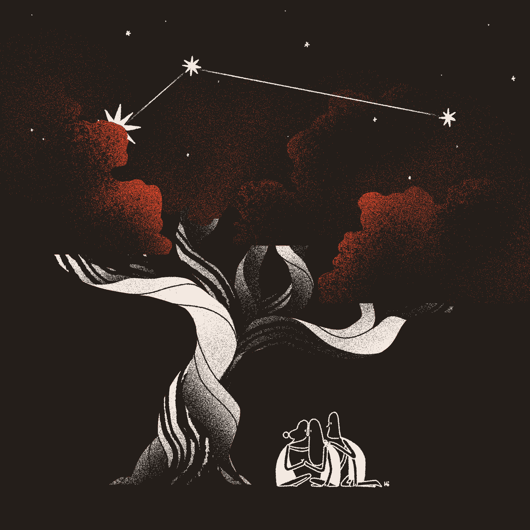 Three figures commune beneath the branches of the holy tree Wormwood. Nestled in the branches and upward are stars, some of which connect in a small constellation.