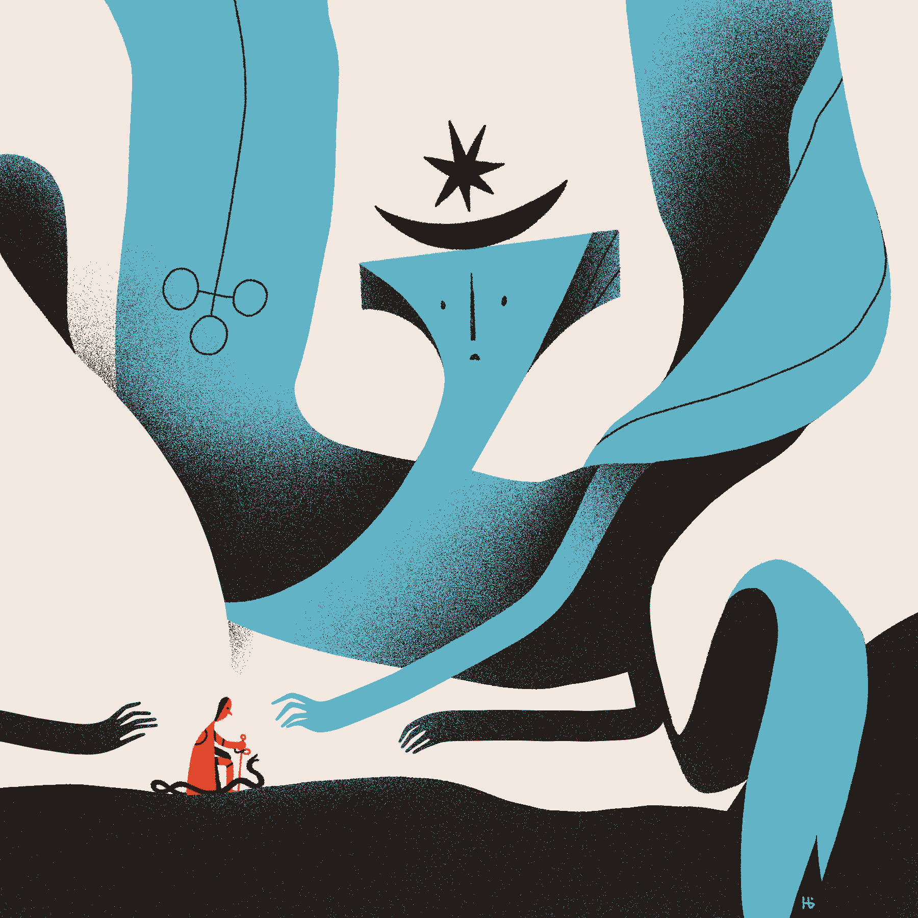 A red knight and their serpent familiar kneel before a massive, blue, ribbon-like entity that is crowned with a moon and star. The entity reaches downward with three arms, bearing a confused expression.