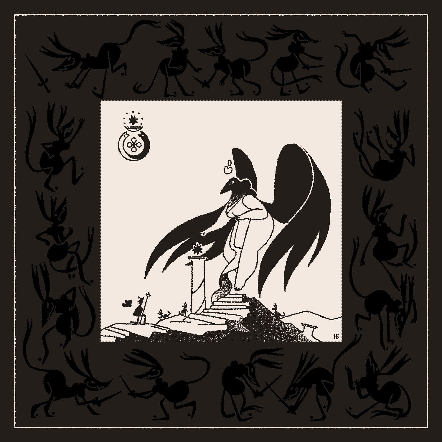 Āyen kneels before the bird-like goddess Eris, presenting her with a star-like Vessel. Her goblins play on the ground near her, and close-ups of those goblins are visible in the frame.