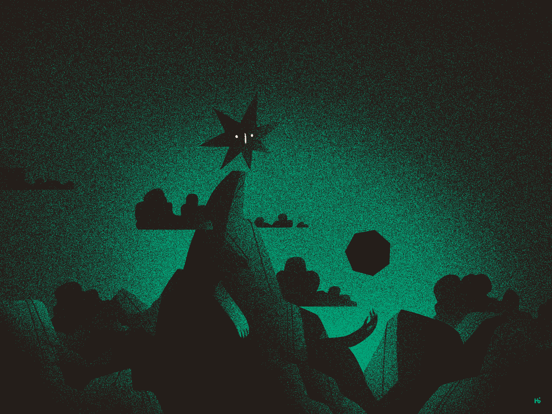 A mountainous black landscape is backlit by a green glow. In it, a massive loci turns to face the viewer, gesturing towards a black heptagon floating in the sky far behind it.