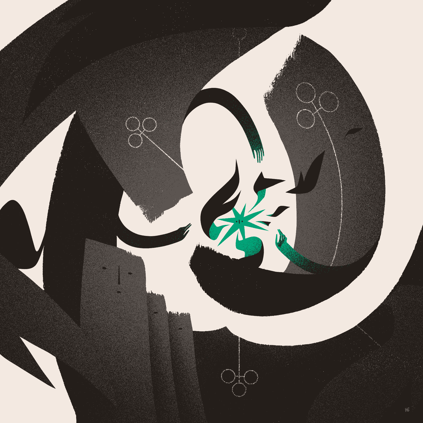 A green, star-like angel begins to disintegrate while surrounded by a dark gray, swirling structure. The structure has arms that reach toward the angel, wings on the outer edges, faces looking onward, and cross-like sigils reflected on its surface.