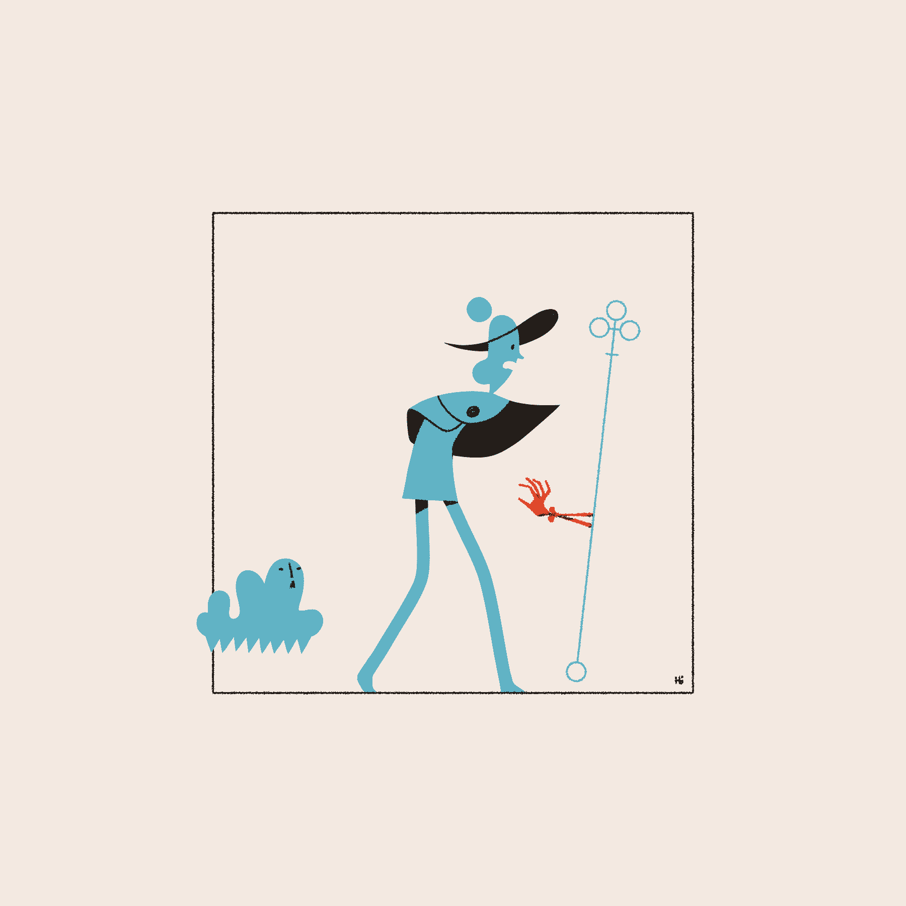A frightened blue magician holds their staff at a distance as a red, skeletal hand reaches from it. Their familiar cowers and hisses behind them.
