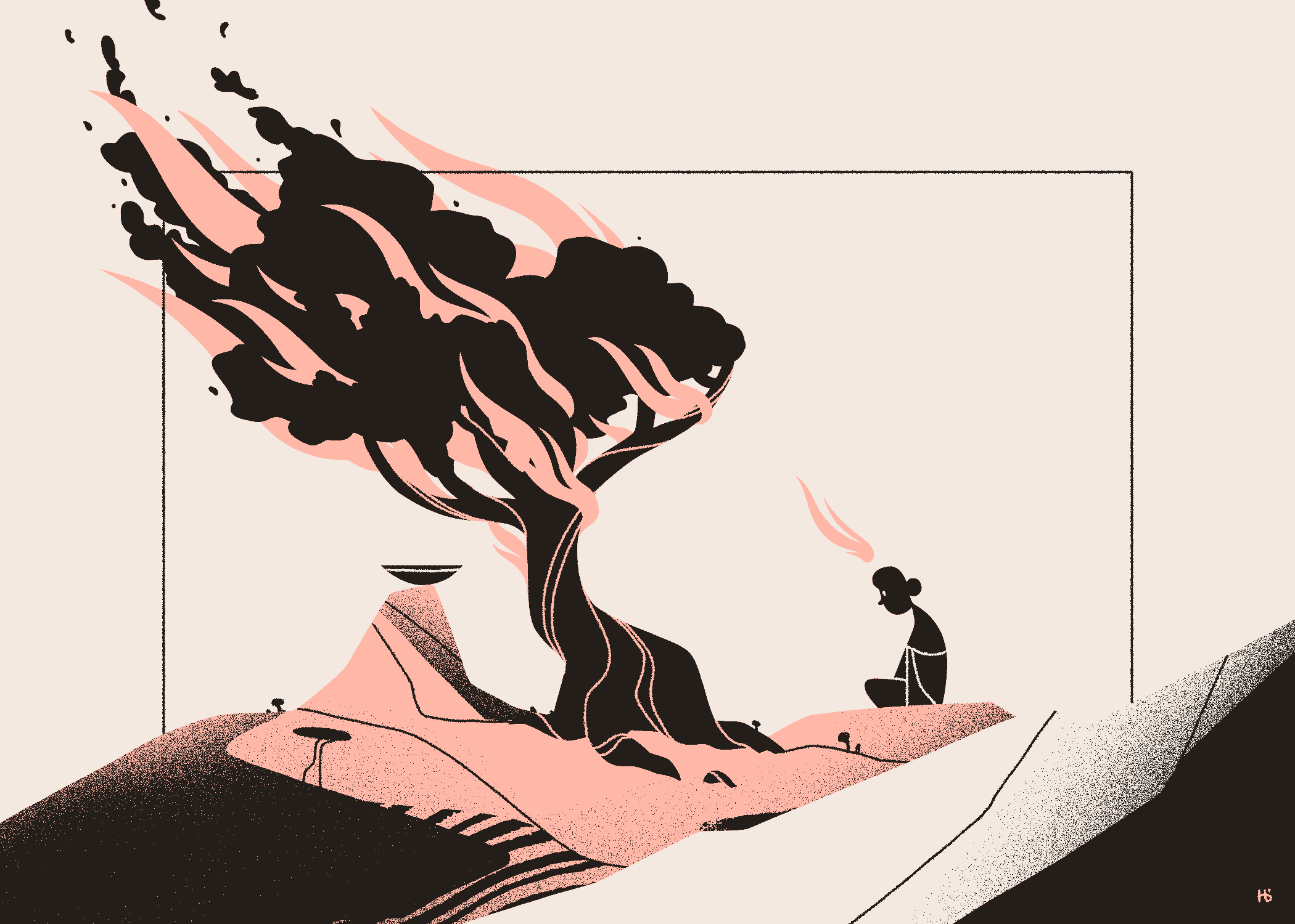 A seated figure meditates before a burning tree. The scene is rendered in black, white, and pink.