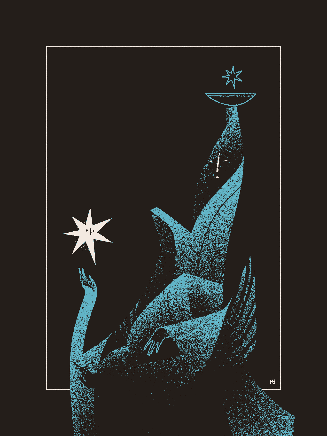 A tall, blue, geometric entity gazes down upon the starfolk hovering near their hand. Sigils forming a bowl and star are visible over the entity's head, and two of their other hands can be seen gesturing.