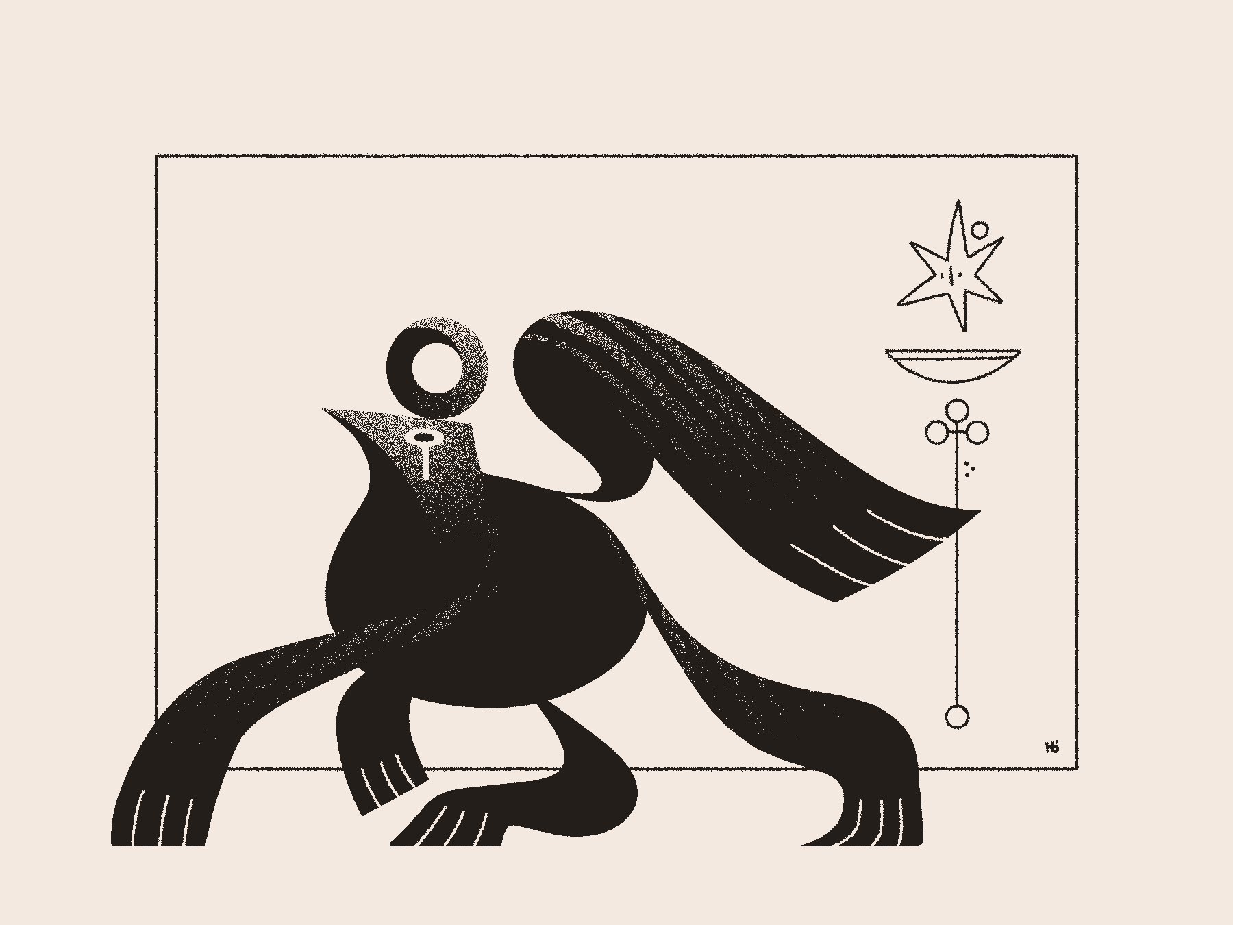 A large, black, griffin-like entity walks upon four wings with a fifth outstretched. A circular halo rests upon their bird-shaped head, and a series of sigils including a star, a bowl, and a cross can be seen to the right.