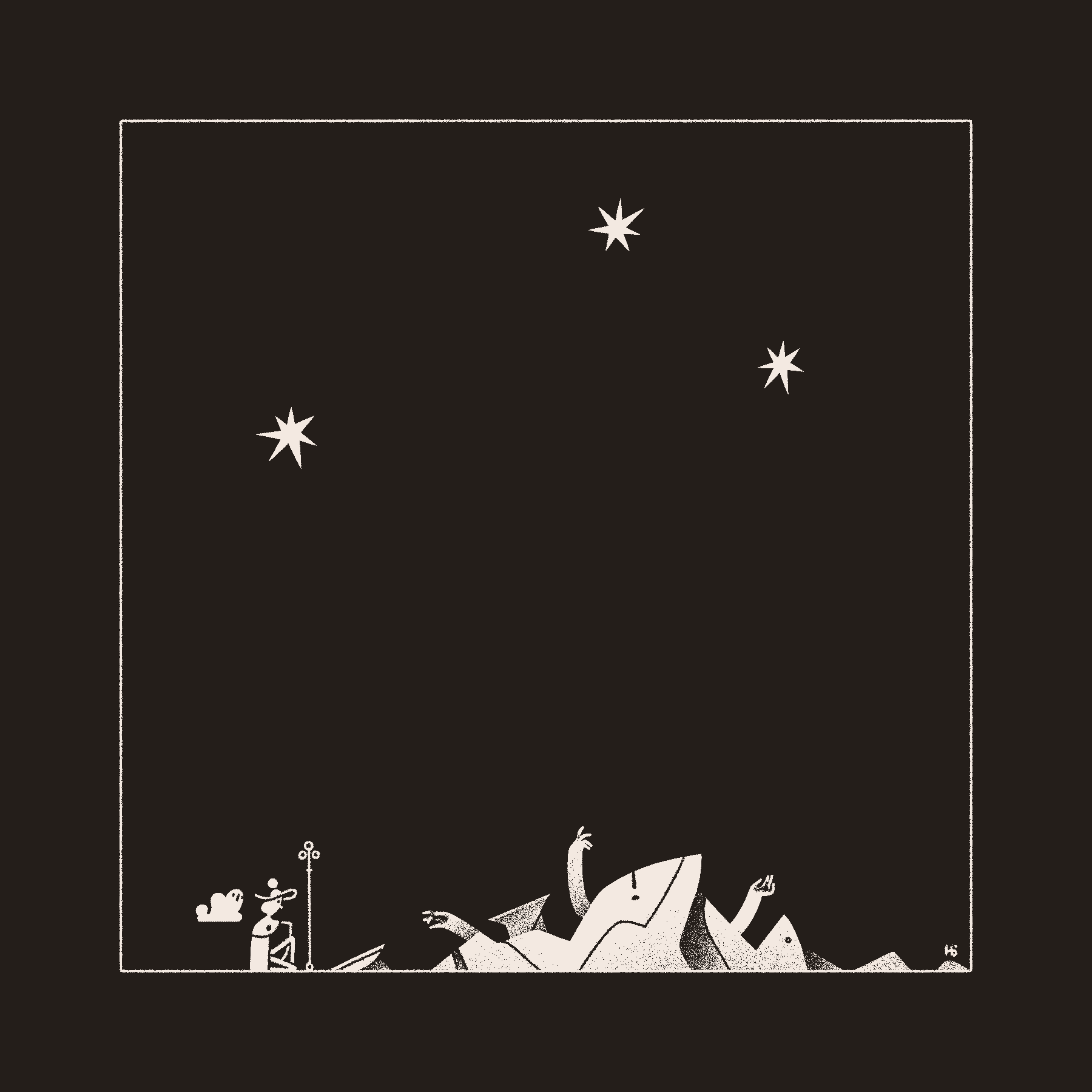 The magician Āyen kneels before the heaped ruins of what was once an altar. Stone arms reach upward towards a constellation of stars in the sky that mirror the ruins.