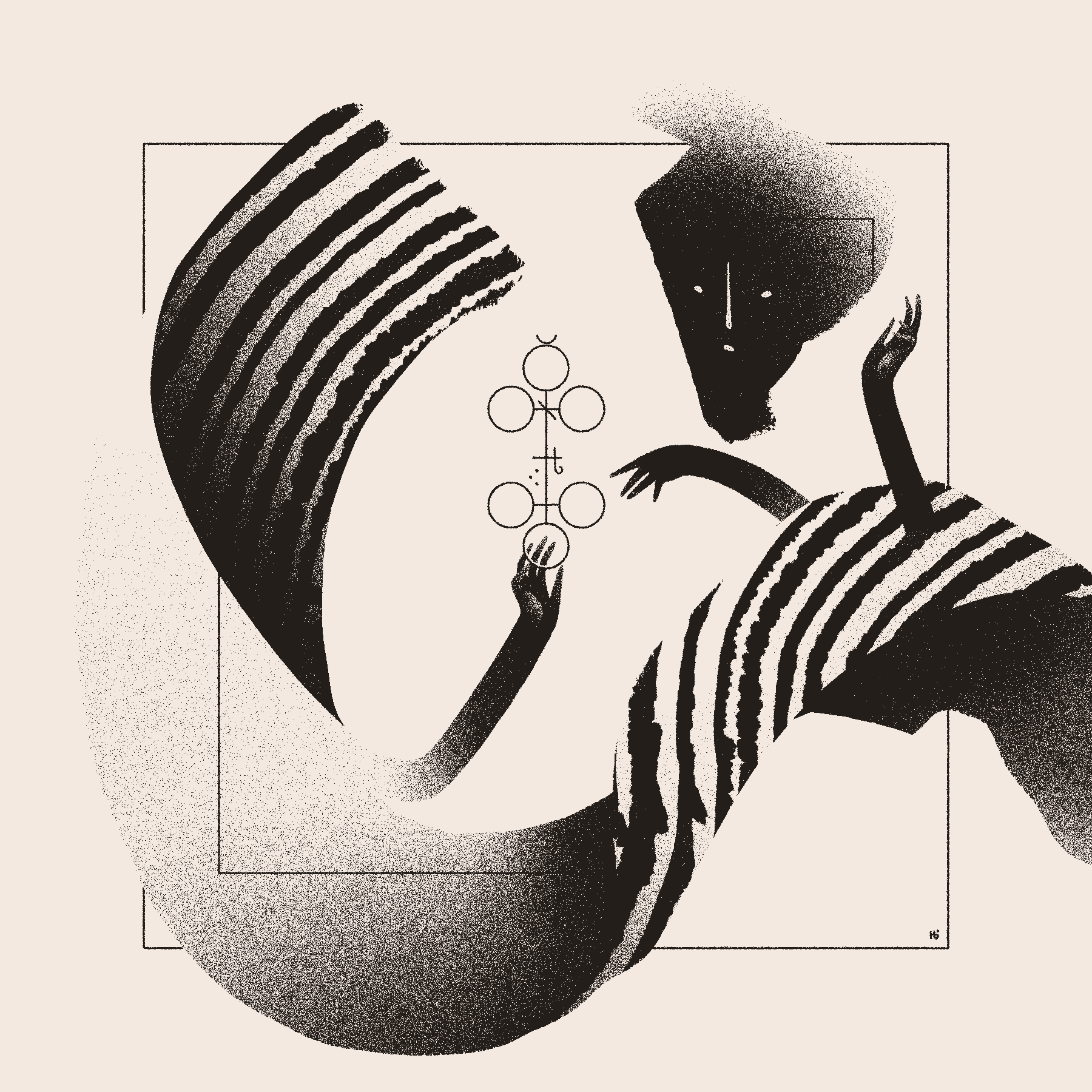 A black and white, ribbony entity carefully inspects a complicated sigil, reaching with one of three hands to touch it.
