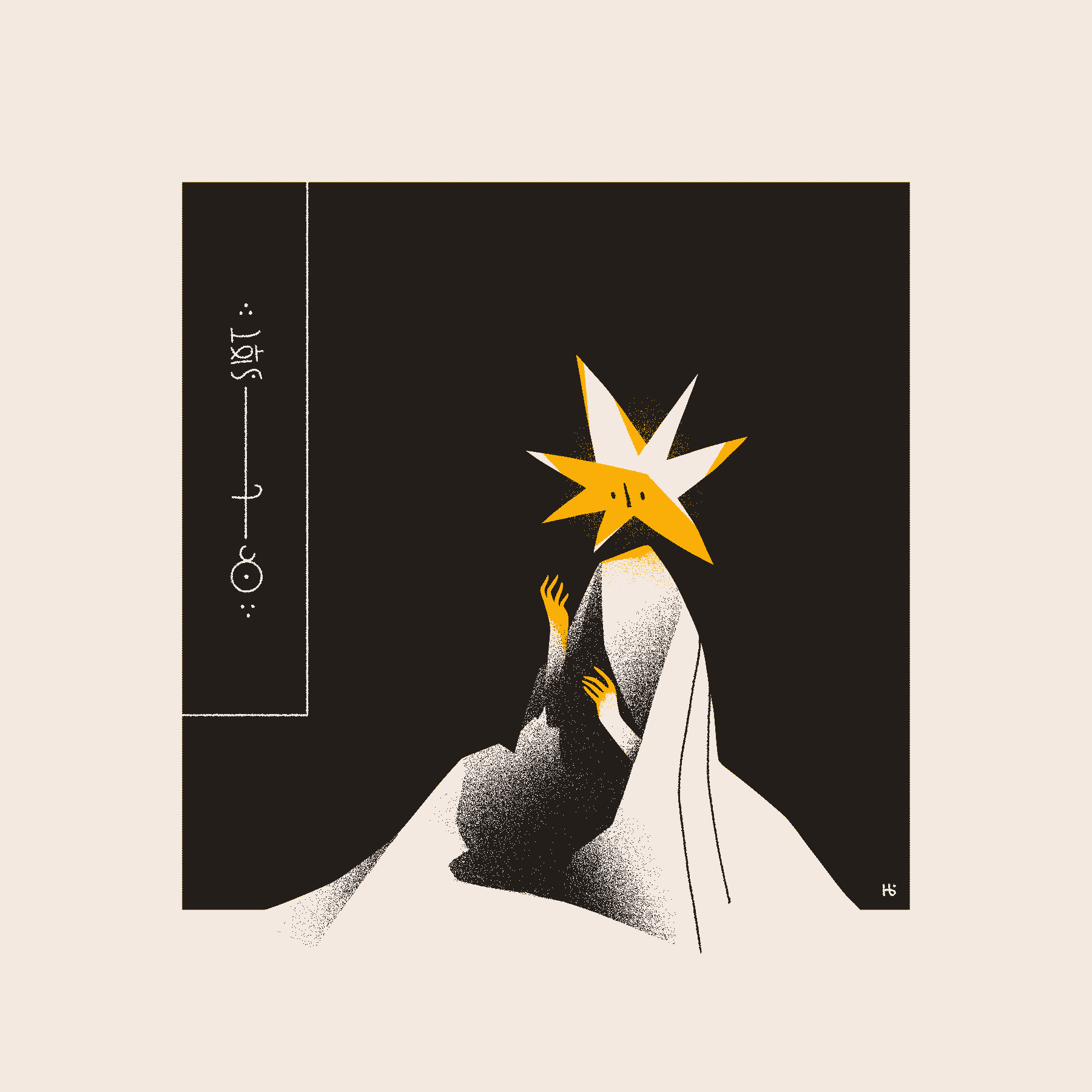 A mountainlike being with a starlike head looks down at their hands as they turn to gold. Wormrōte text on the frame's edge reads 'The Birth of Ikurē'.