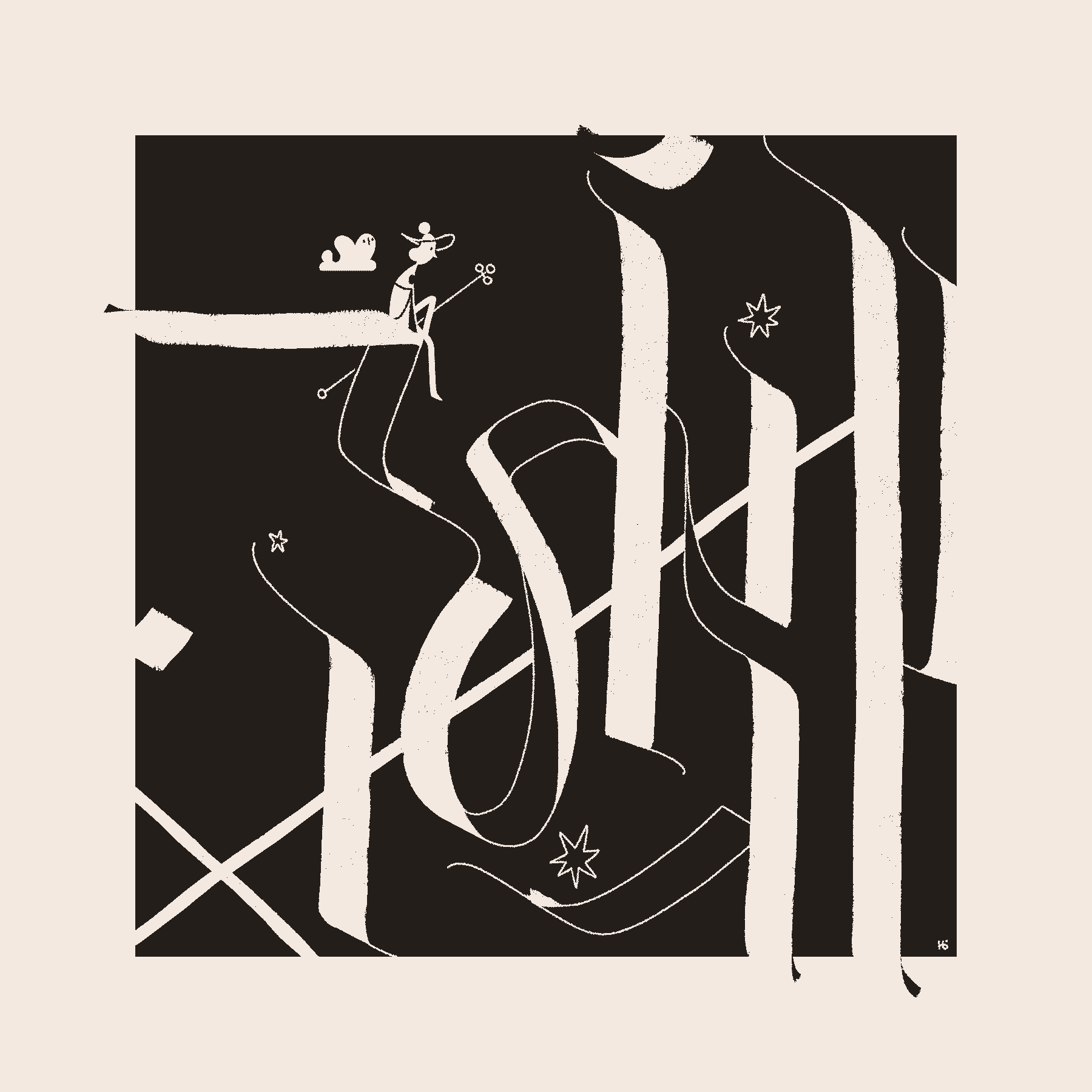 The magician Āyen and their familiar sit patiently inside a frame filled with unknown, black and white calligraphic shapes and stars.