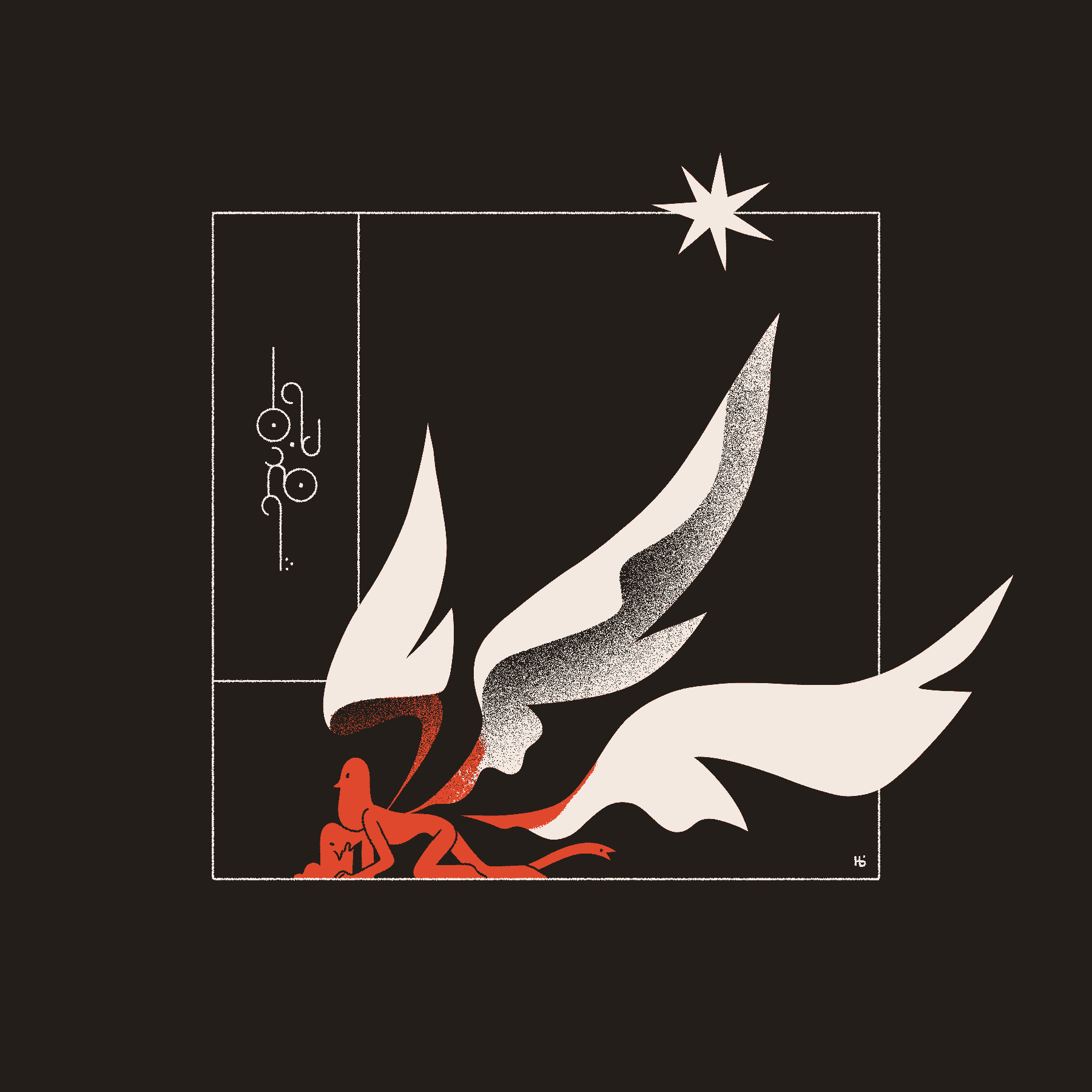 A red entity crawls along the ground in mid-transformation underneath a star. Their three wings appear to be melting, and their body is a confusing jumble that appears to currently have two heads, a human form, and a tail. A frame in the upper left reads 'transform' in Wormrōte.