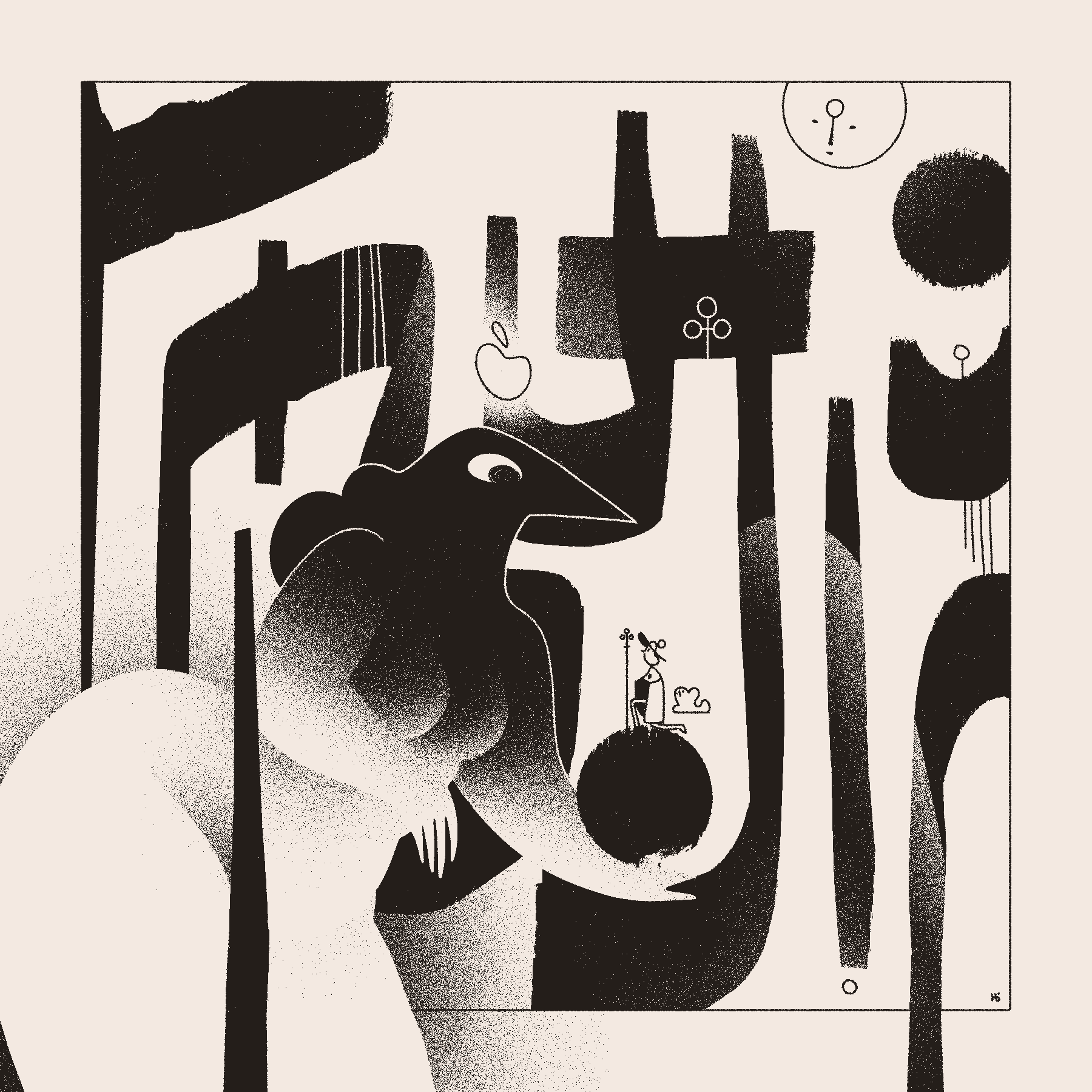 The magician Āyen bows before the goddess Eris among a frame-filling series of calligraphic marks. The goddess Mūn watches from above, and the whole scene is rendered in black and white.
