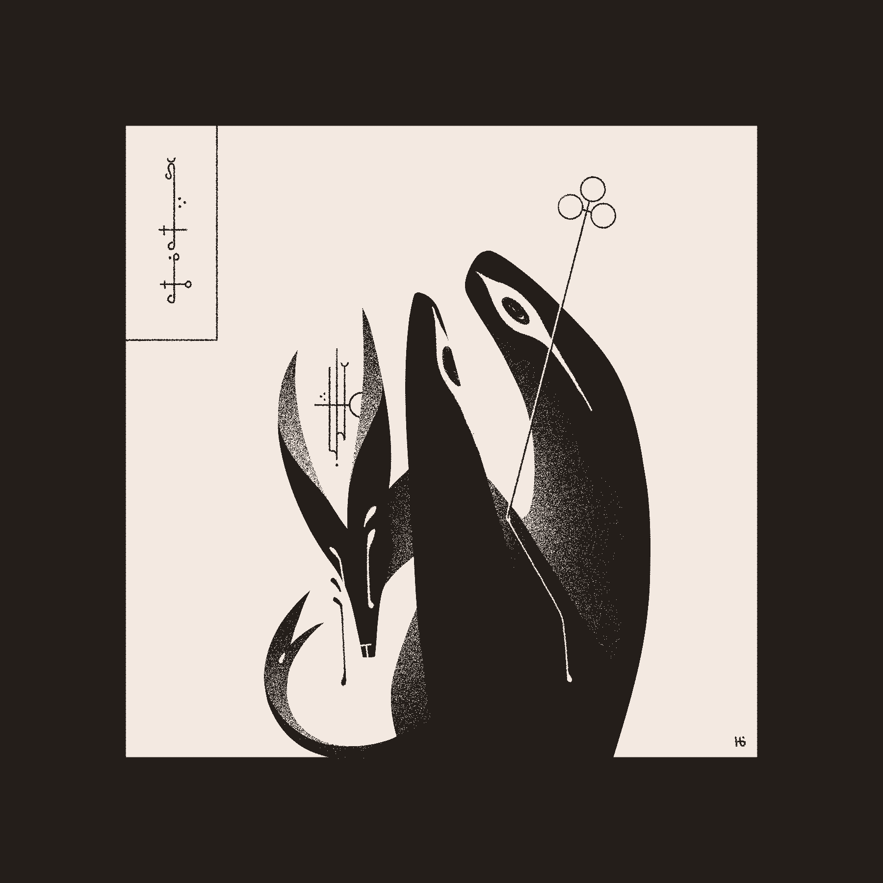 A black and white, winged, goat-like entity turns to face the viewer. Its has several eyes, some off the body and a large pair on the wings. Between the horns in a sigil, and a cross-like sigil pierces their back. In the corner, some text is written in an unknown script.