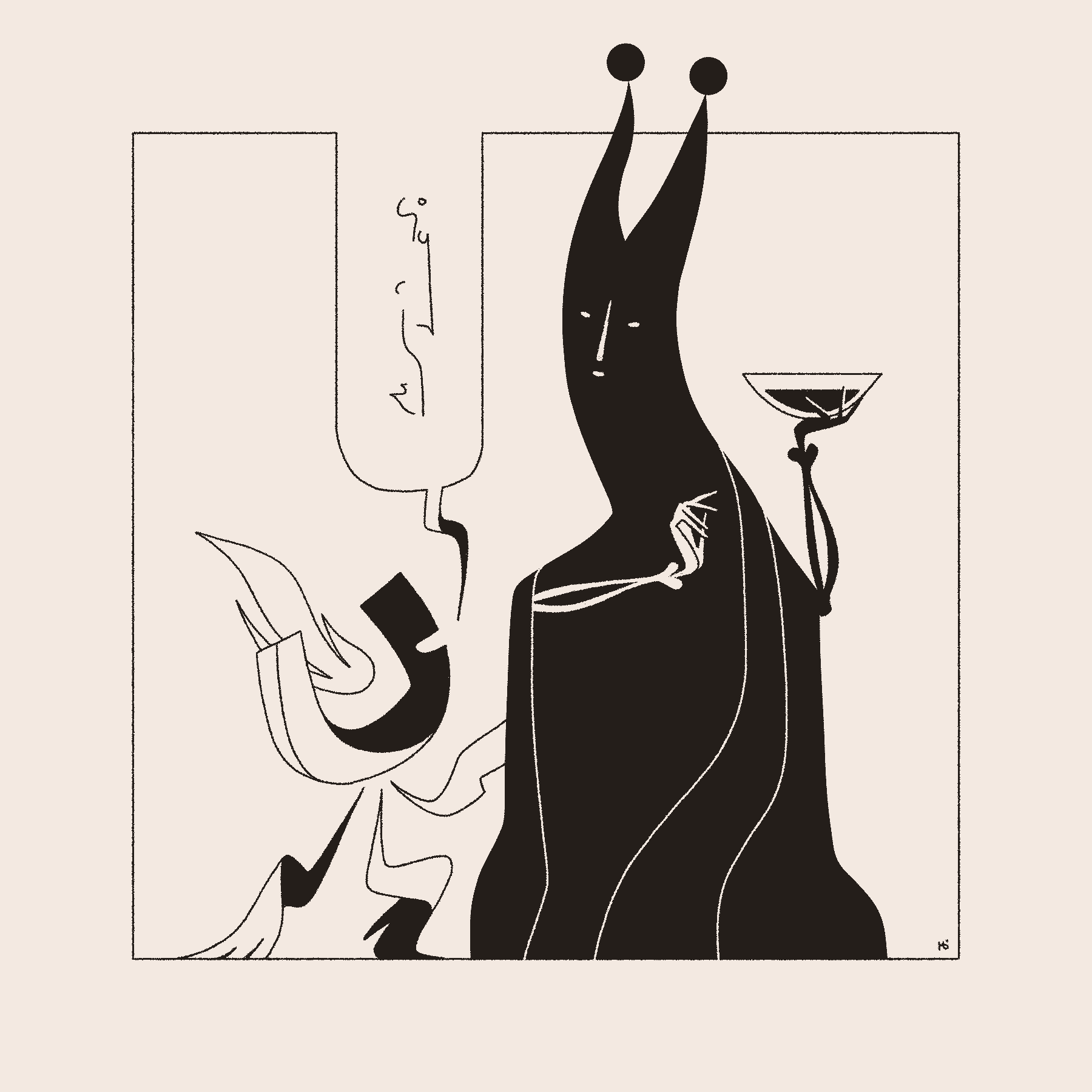The Hierophant holds a bowl of liquid and turns toward an angel that has landed and whispers to them in an unknown language.