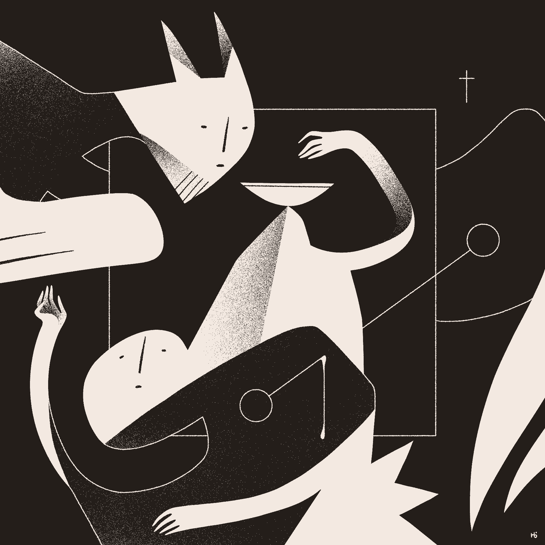 An abstract couple of figures make an agreement over an offering bowl. The one figure has wings, horns, and a beard, and the other has three arms and is pierced by a sigil. A small cross can be seen near the outlined frame.